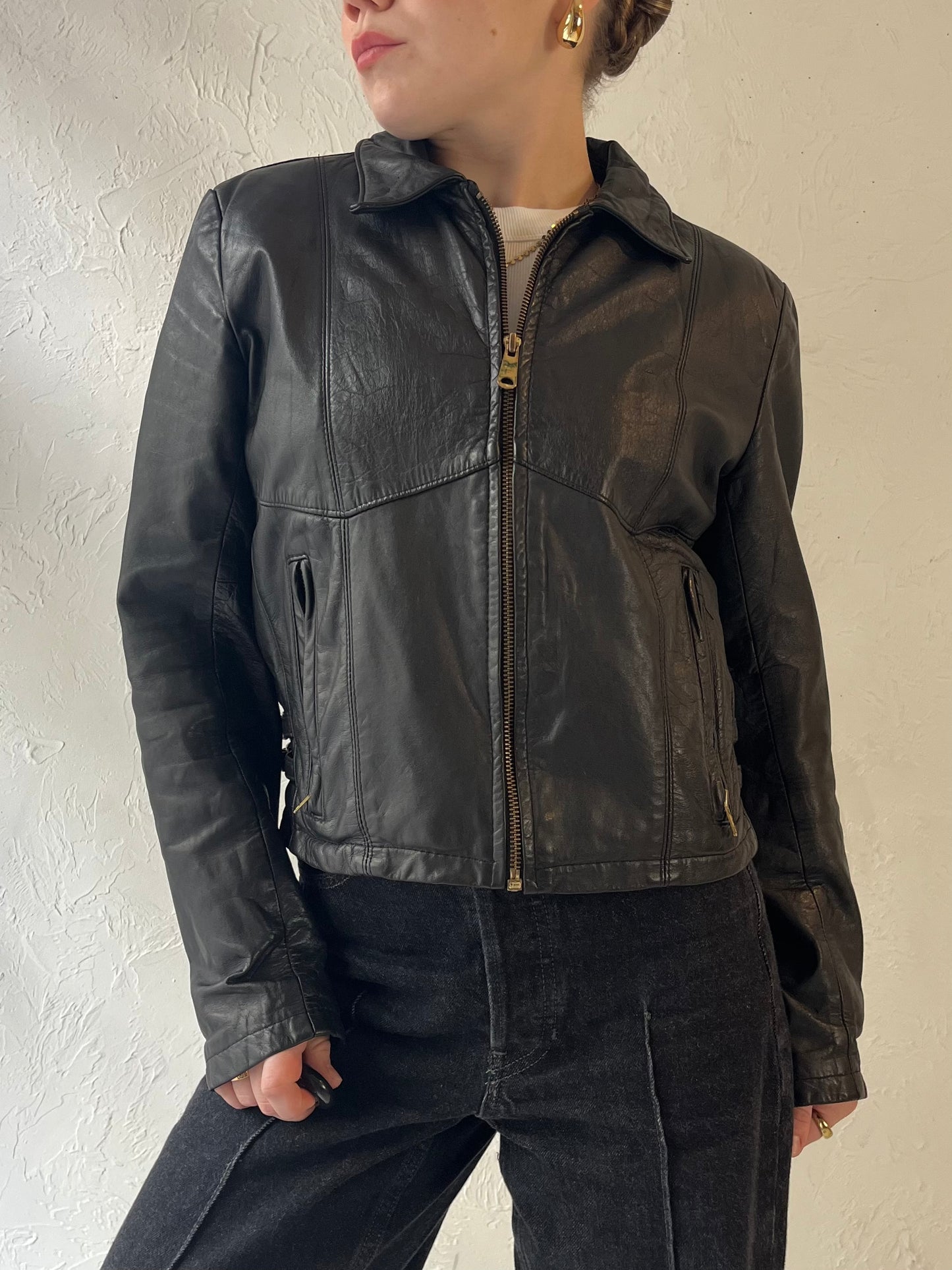 90s 'Group 5 Leathers' Harley Davidson Black Leather Jacket / Small