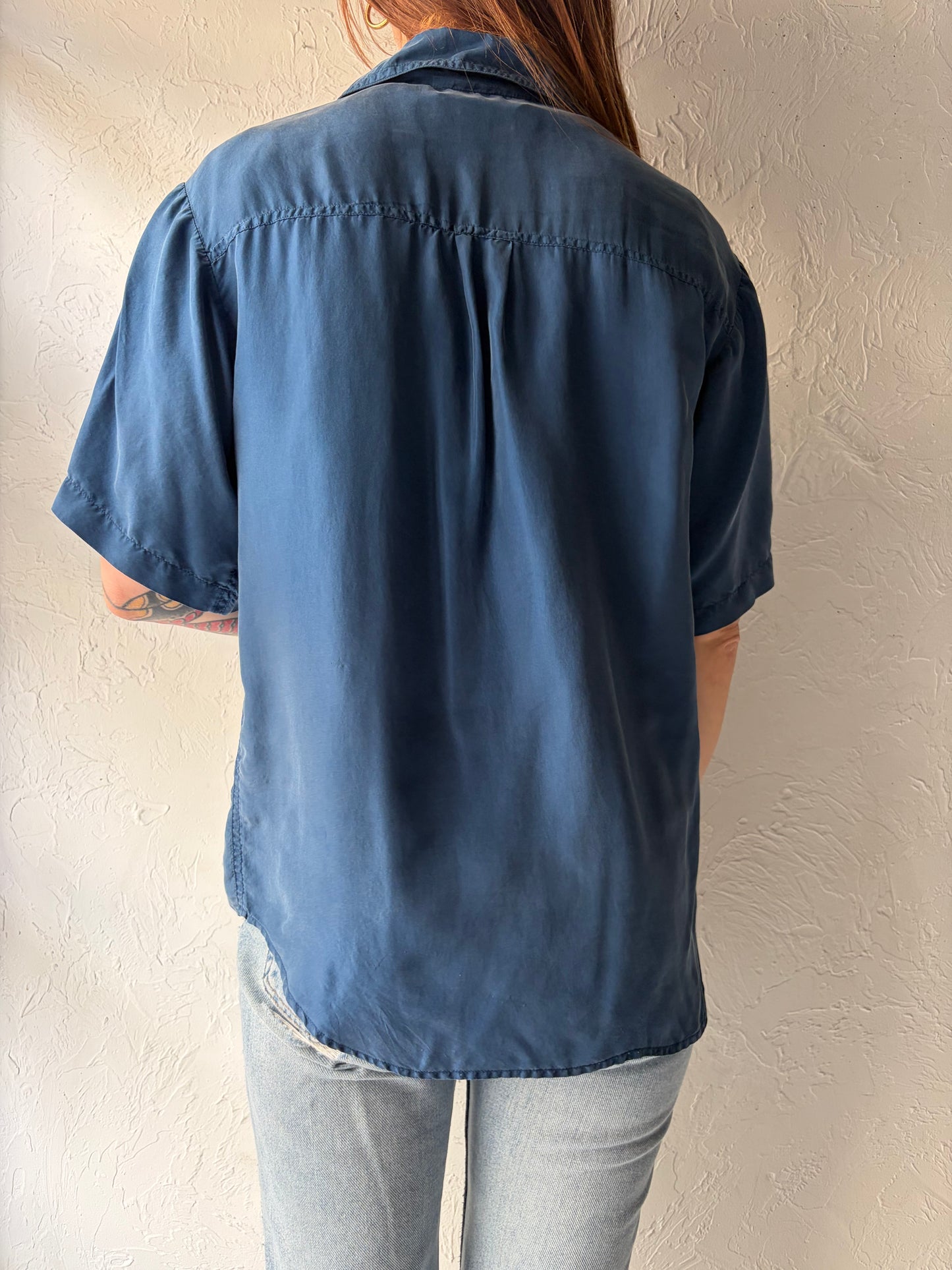 90s 'Jessie' Blue Short Sleeve Silk Shirt / Small