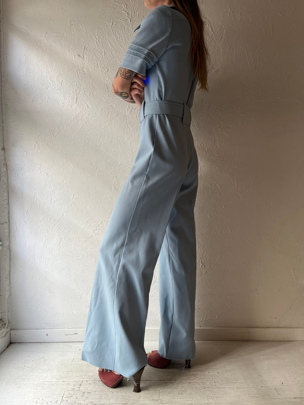 70s 'Billie Jo' Powder Blue Belted Wide Leg Jumpsuit / Retro Mod Short Sleeve Disco Utility Boilersuit / Small