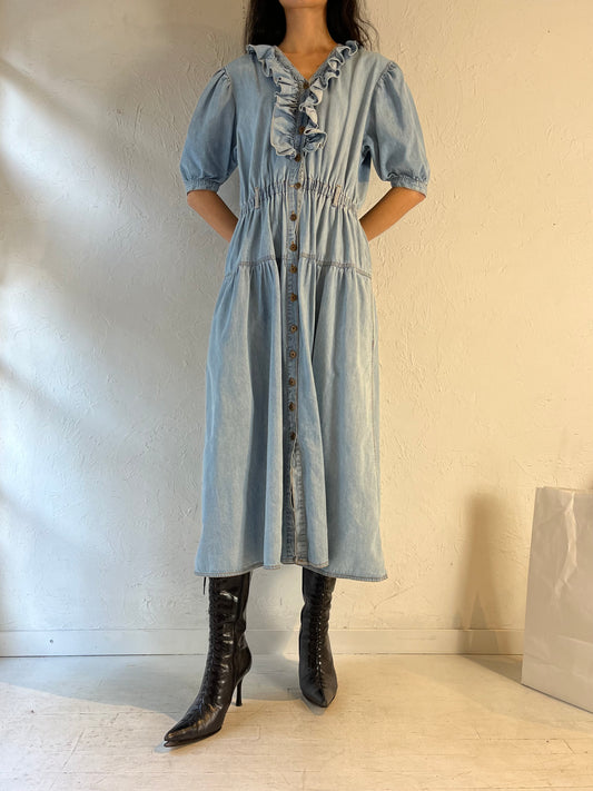 90s ‘Uni Mondo’ Ruffle Denim Dress / Large