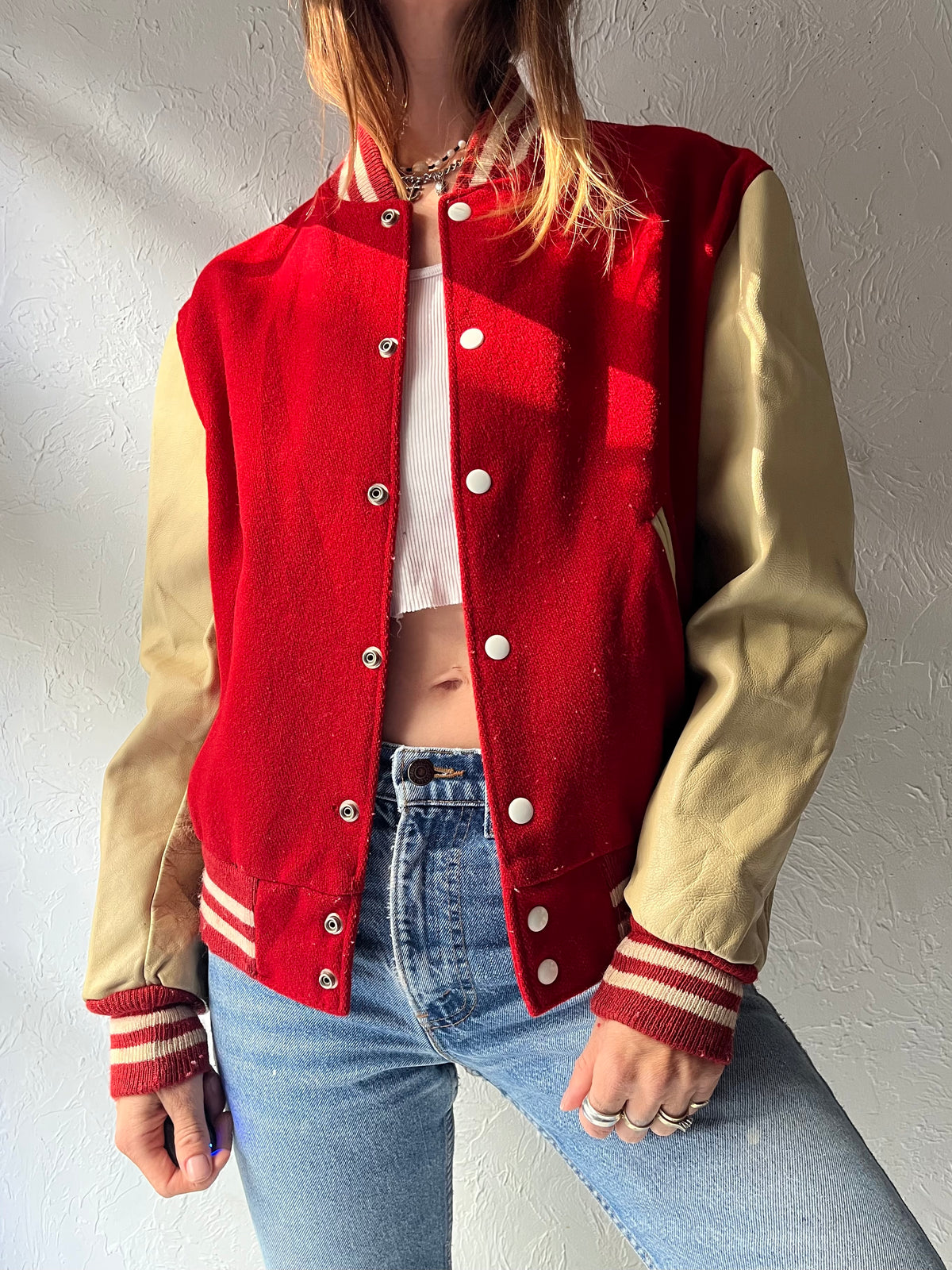 70s 'Arsco' Red Wool Leather Varsity Jacket / Small