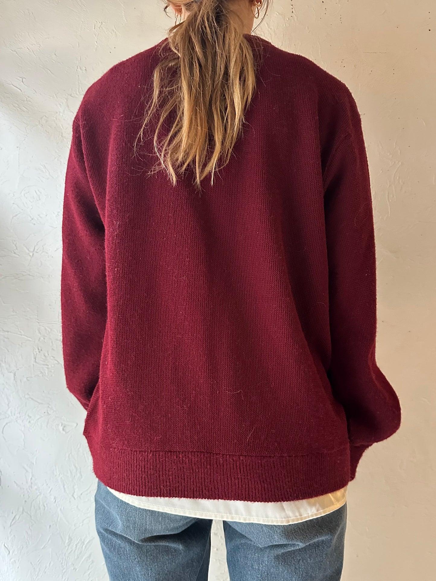 70s 'Sears' Burgundy Knit Cardigan Sweater / Large
