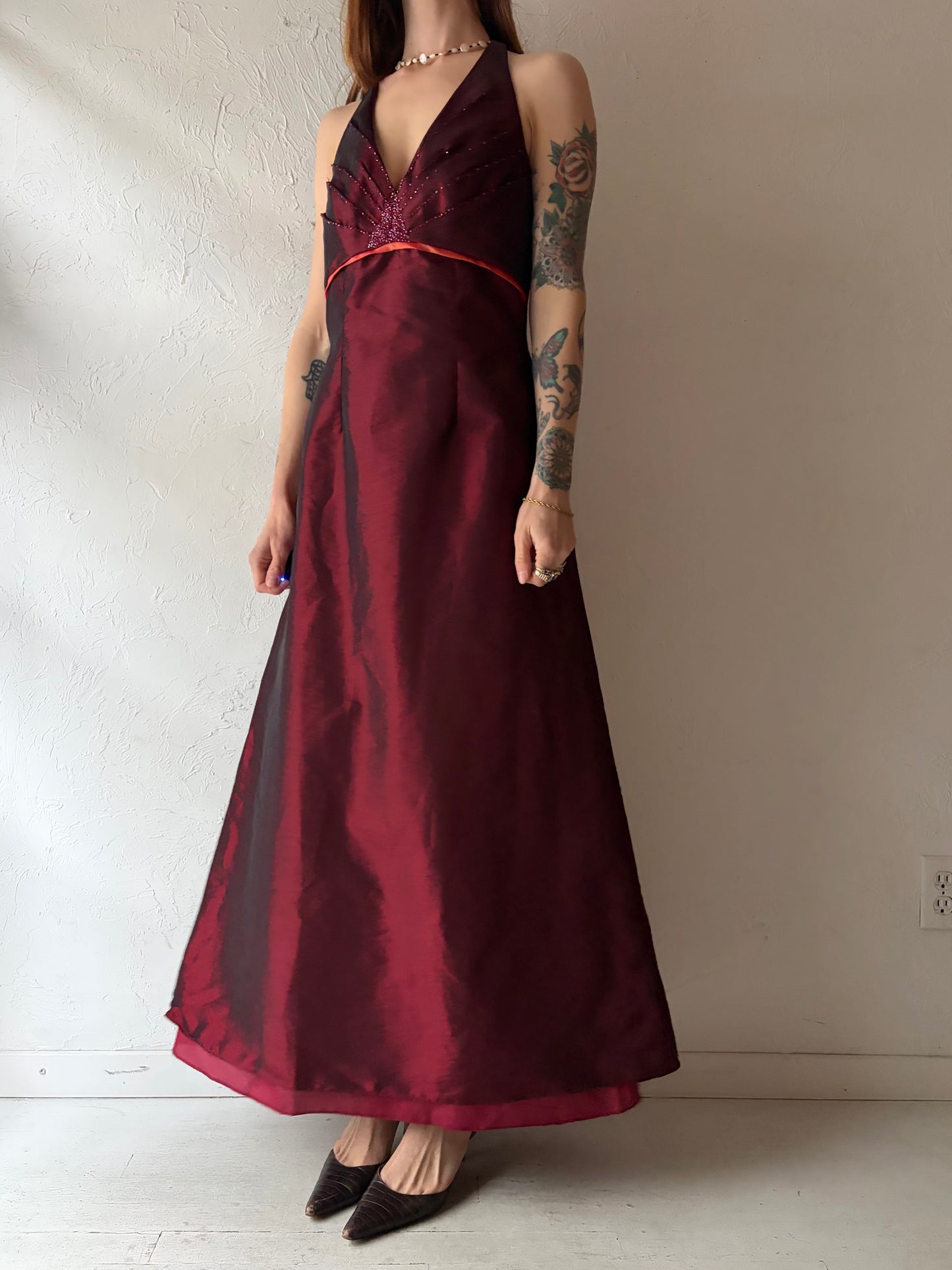 Y2k Vintage Red Metallic Formal Prom Halter Maxi Dress / Medium