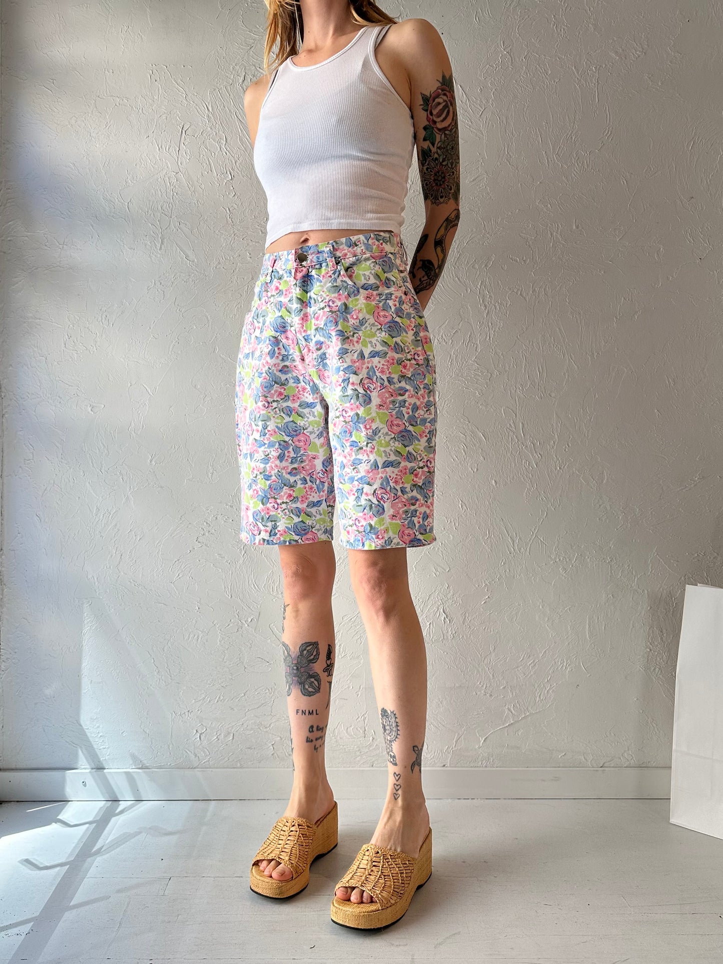 90s 'In Clothes' Floral Print Denim Shorts / Medium