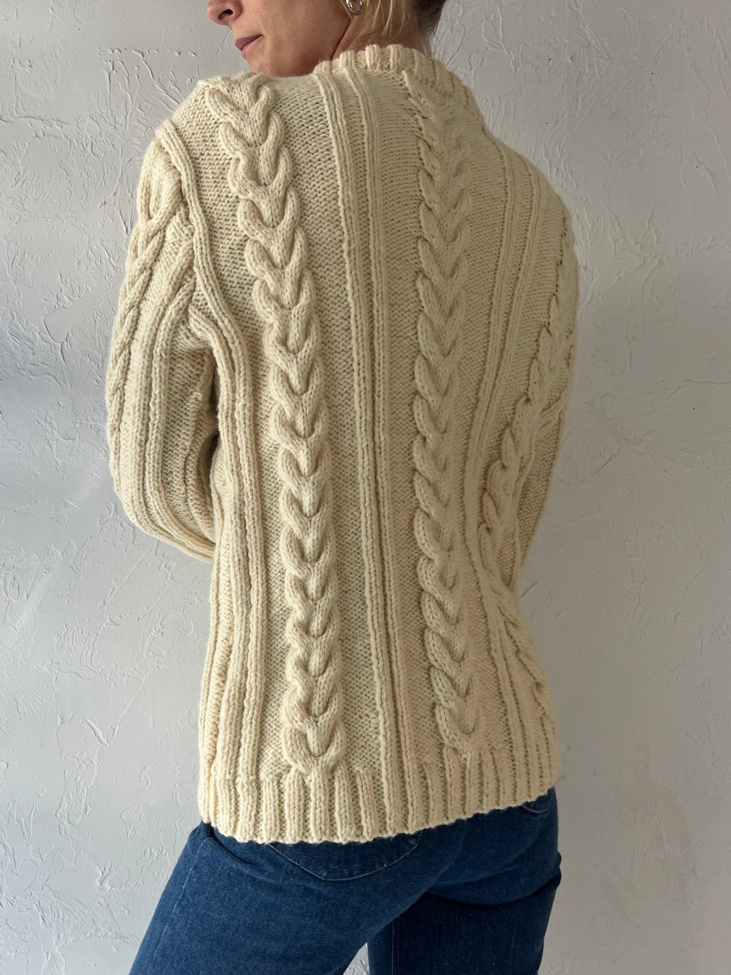 Vintage Mock Neck Cream Cable Knit Acrylic Wool Blend Sweater / Small