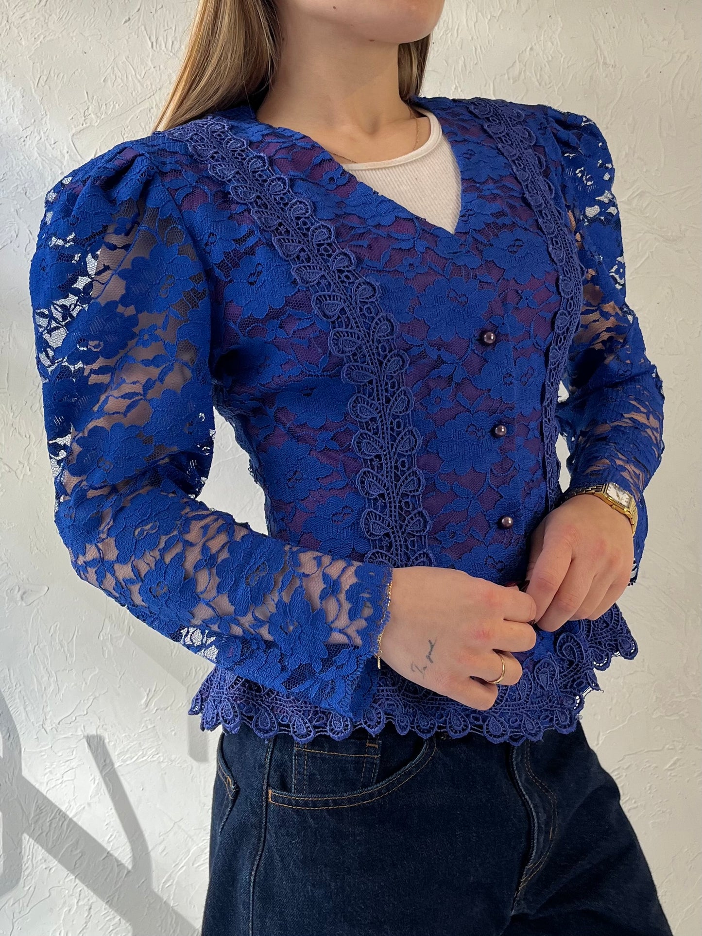 80s ‘Lori Ann’ Blue Lace Jacket / Small