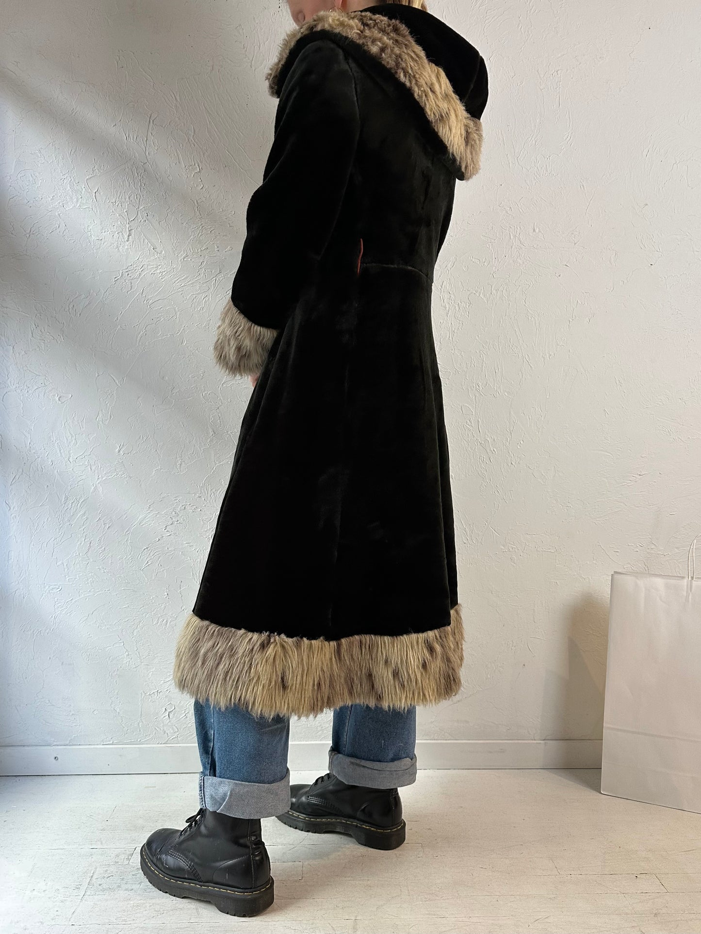 Vintage Black Faux Fur Hooded Coat / Medium