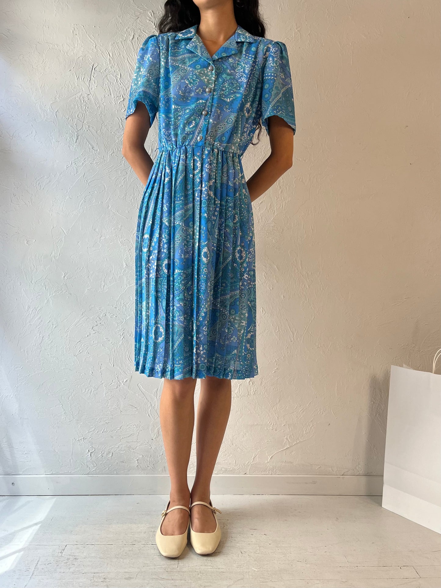 80s 'Leo Damal' Blue Paisley Midi Dress / Small