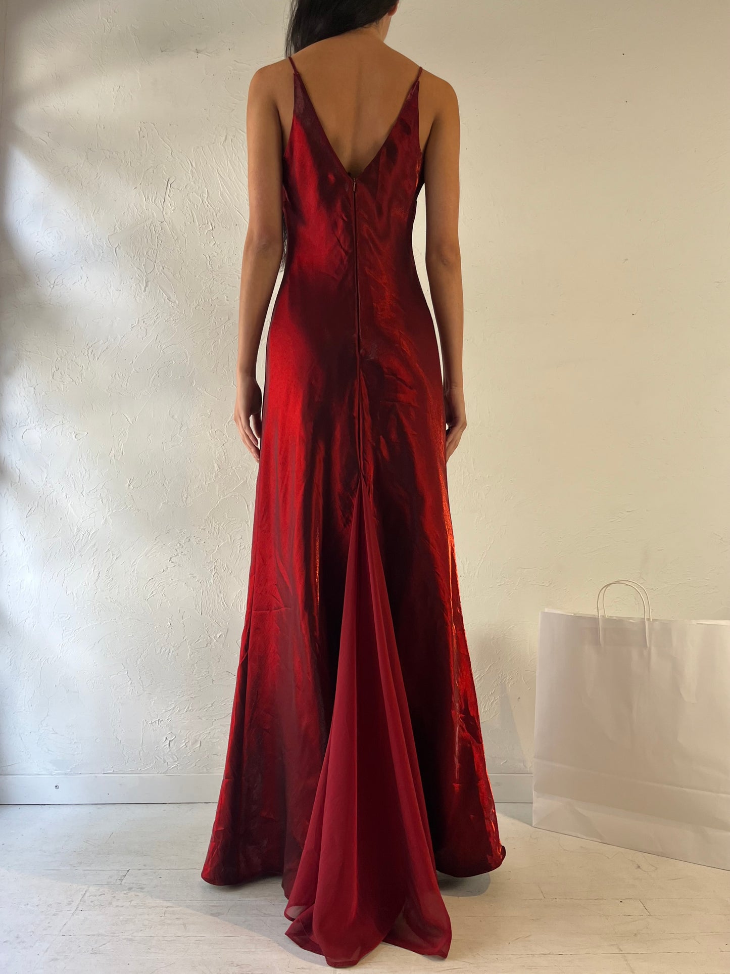 90s 'Jessica' Long Red Shiny Dress Gown / Medium