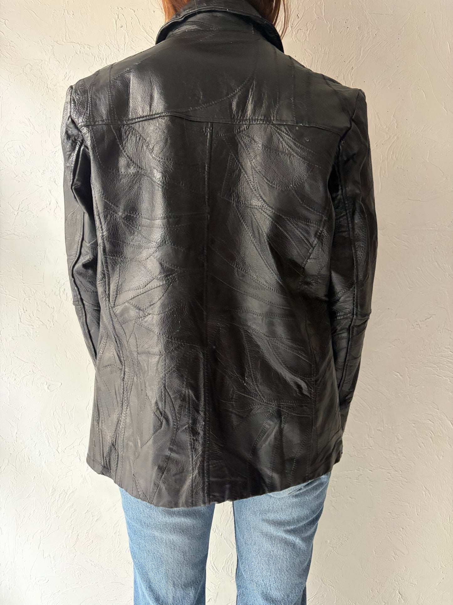 90s 'Leather & Soul' Black Patchwork Leather Jacket / Medium
