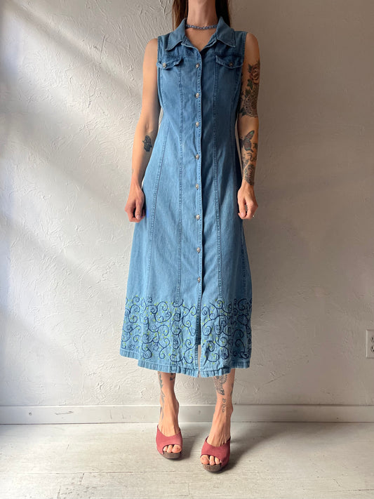Y2k ' Parables' Denim Embroidered Western Cottagecore Button Up Maxi Dress / Medium