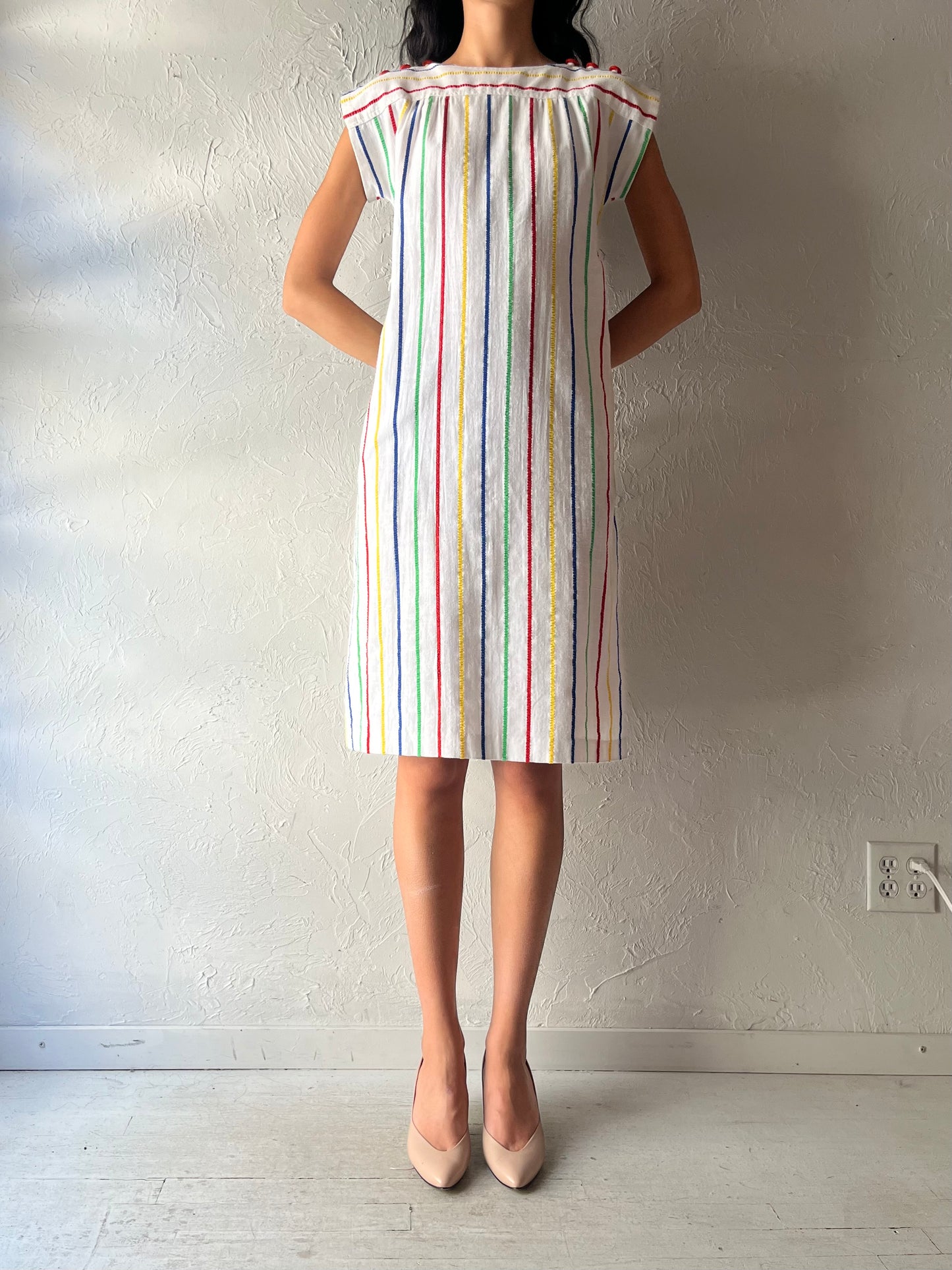 70s 'Pantel' Striped Cotton Midi Dress / Small