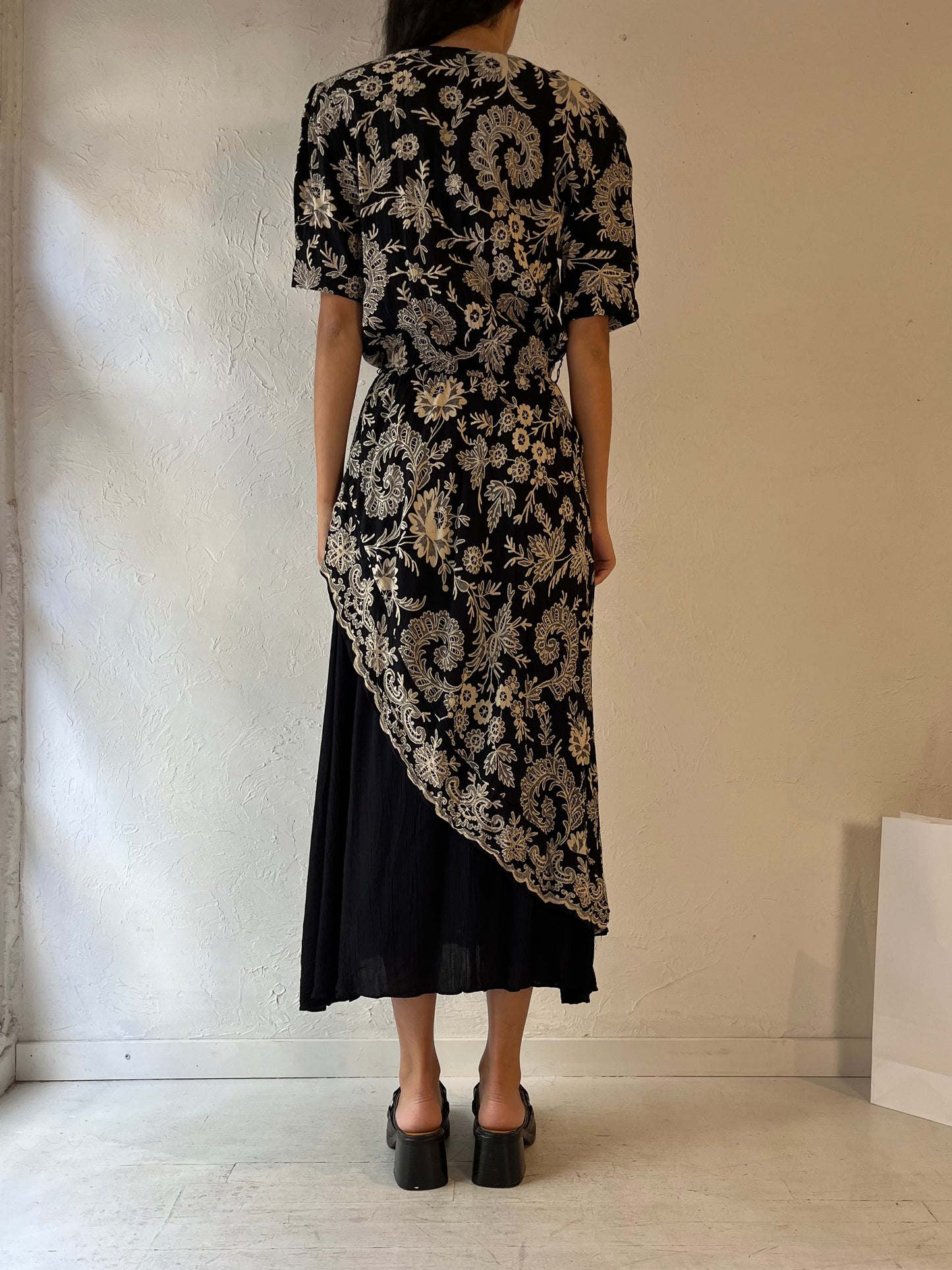 80s 'Phoebe' Black Rayon Midi Dress / Small - Medium