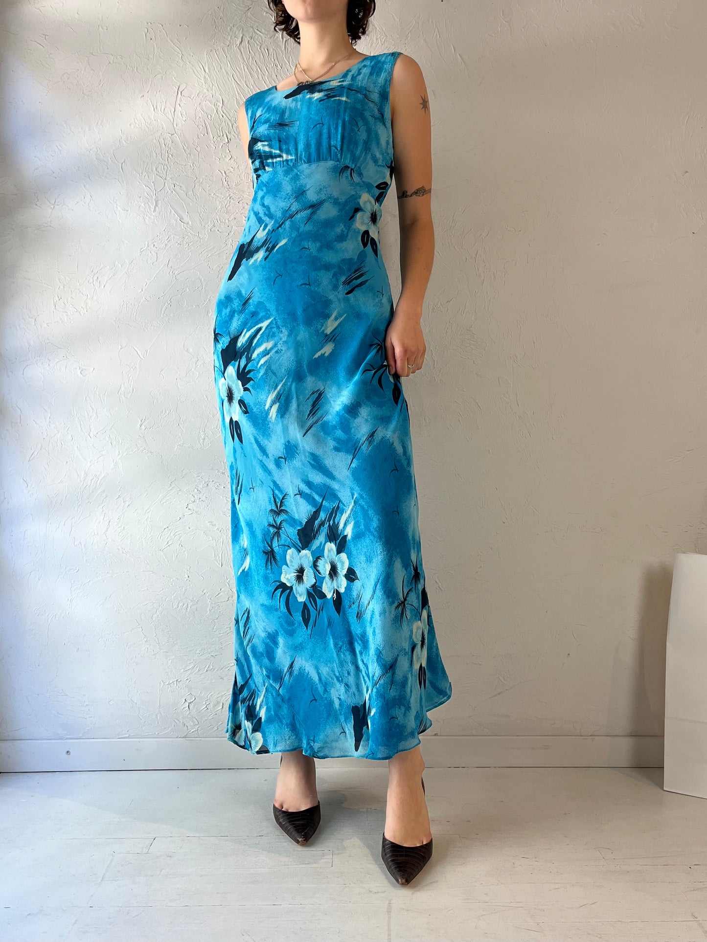 90s 'American Angel' Blue Floral Print Maxi Dress / Medium