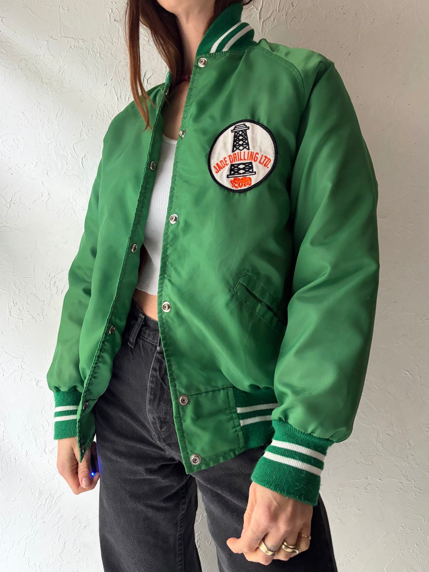 80s 'Jade Drilling' Green Retro Nylon Street Wear Bomber Jacket / Small