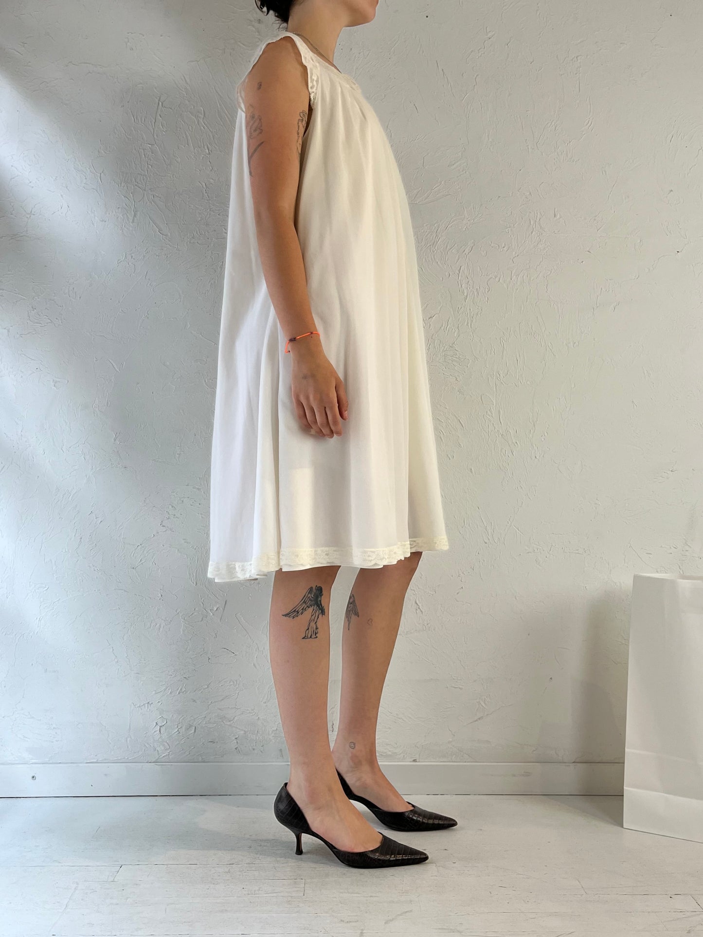 80s 'Shadowline' White Nylon Night Dress / Medium