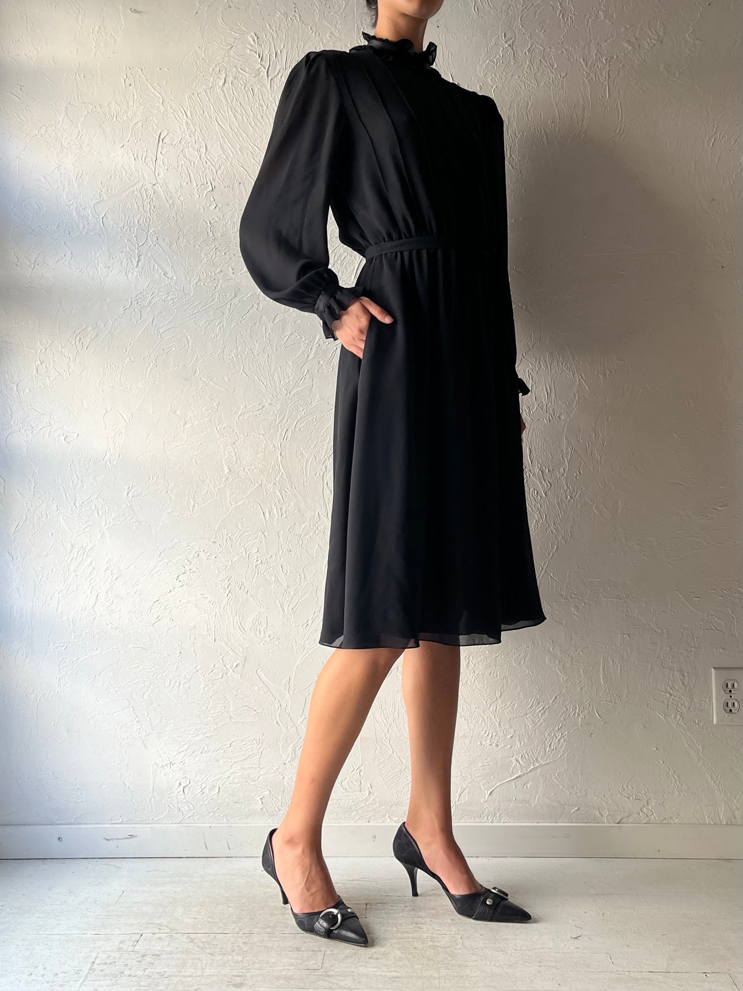 80s 'Coroma' Black Long Sleeve Midi Dress / Medium