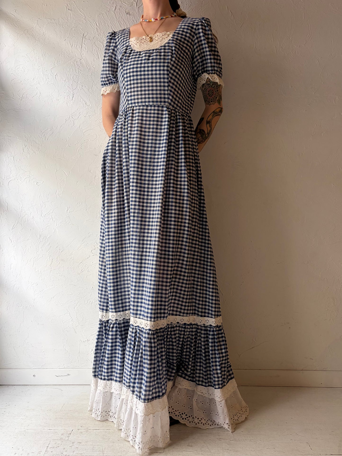 70s 'Late Mate' Blue Plaid Peasant Maxi Dress / Small