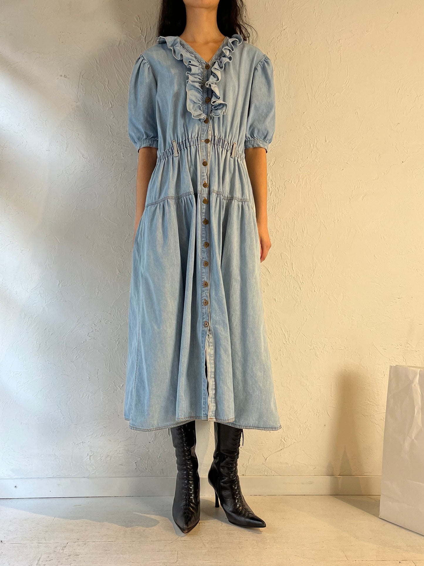 90s ‘Uni Mondo’ Ruffle Denim Dress / Large