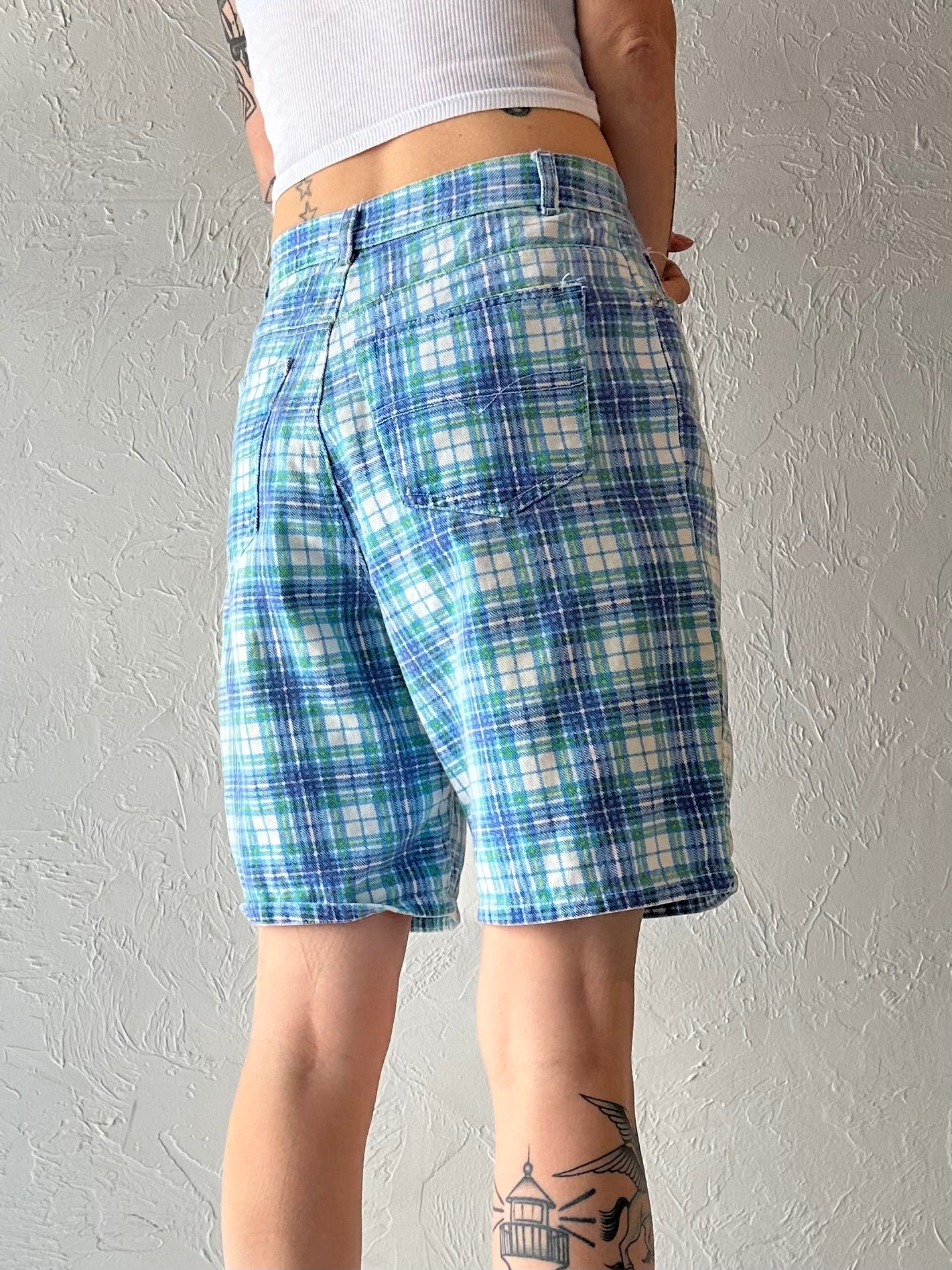 90s 'Gitano' Blue Plaid Denim Shorts / Medium