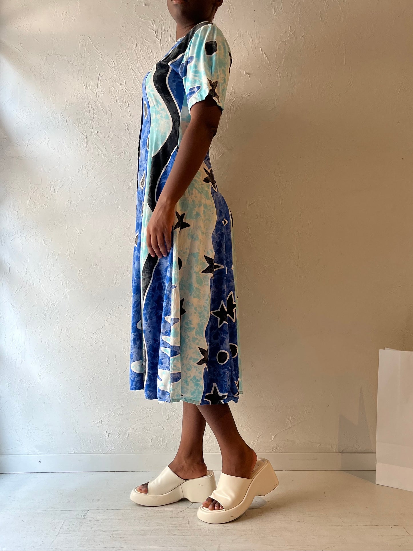 90s 'Yaya' Bue Patterned Rayon Dress / Small - Medium