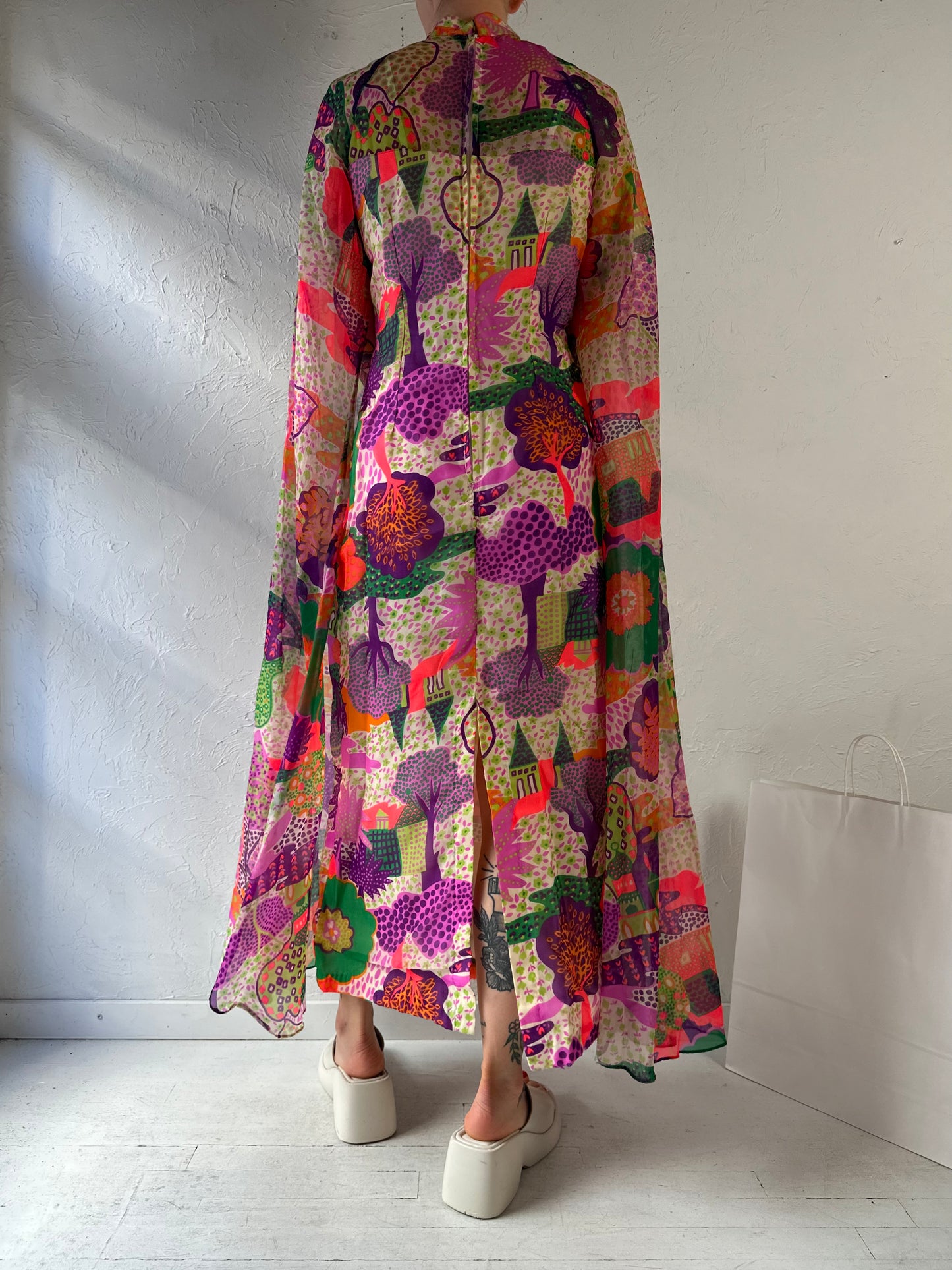 70s Patterned Maxi Dress / Small