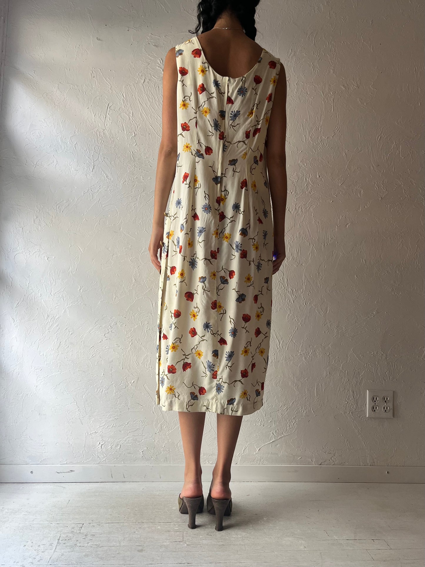 90s 'Willys New York' Pale Yellow Floral Midi Dress / Large