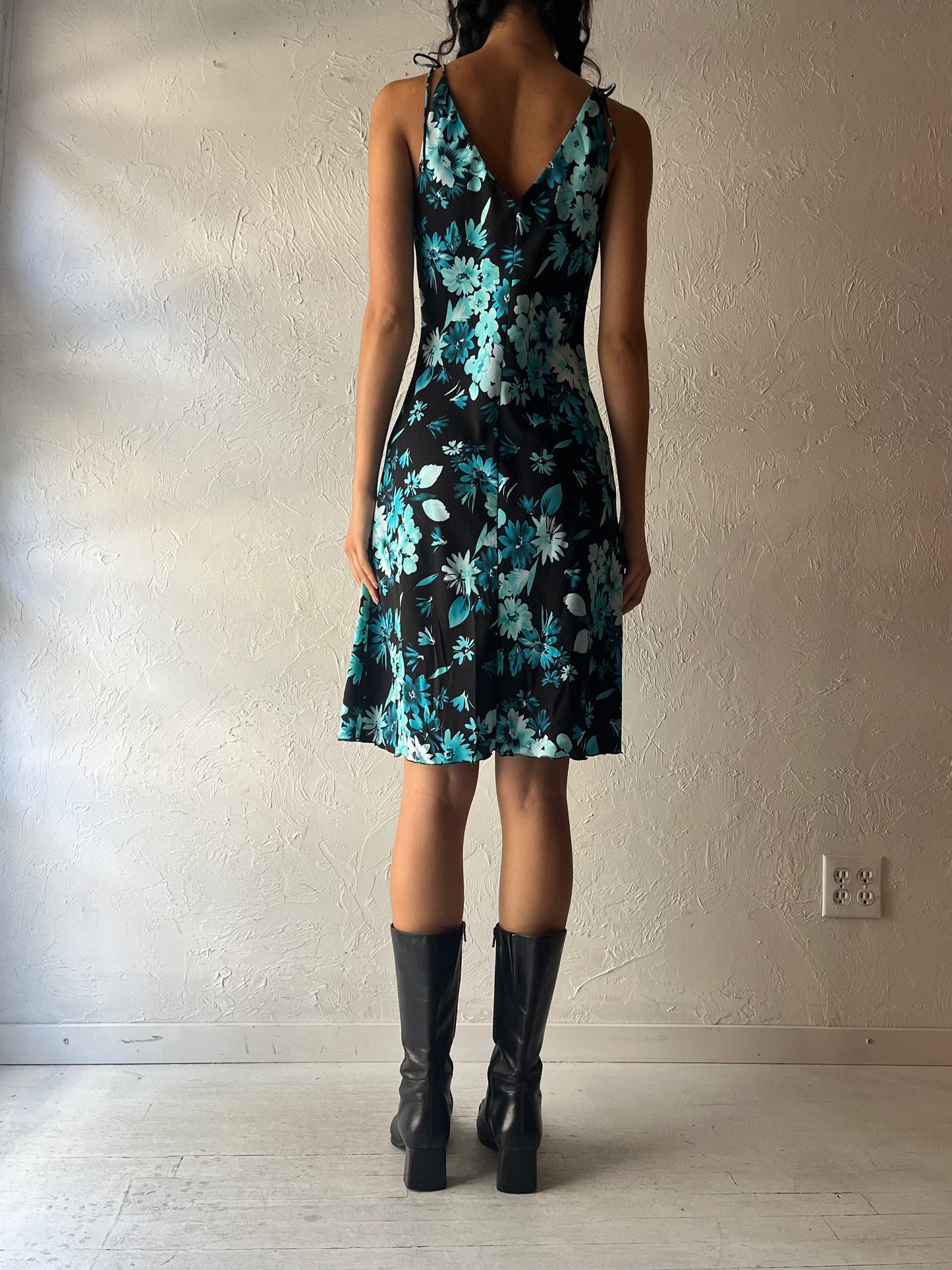90s 'Jessica' Blue Floral Spring Summer Dress / Small - Medium