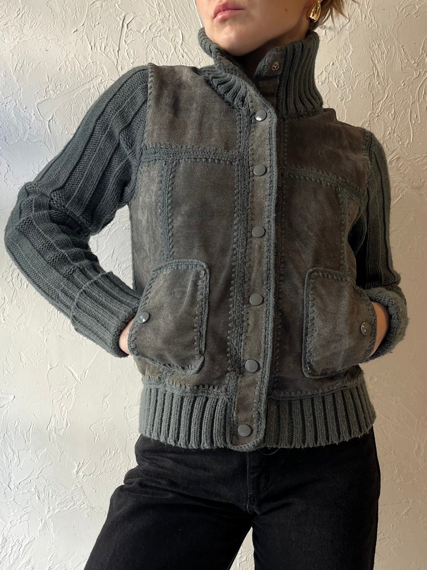 90s ‘Carol Cohen’ Blue Leather Knit Jacket / Small