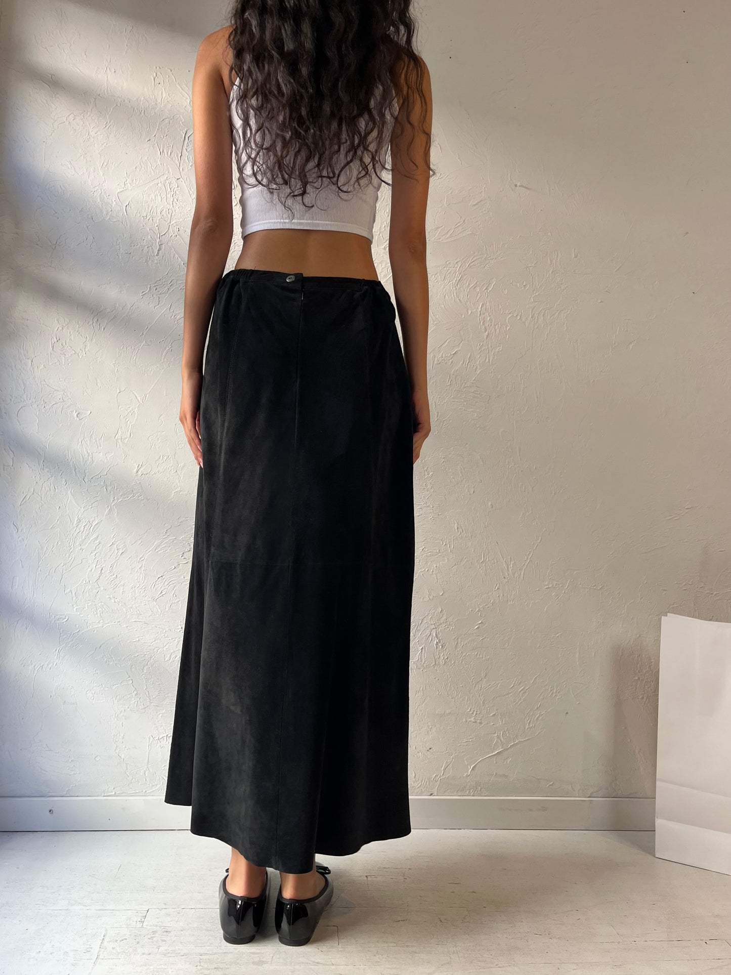 90s ‘Chicos’ Long Black Suede Skirt / Small