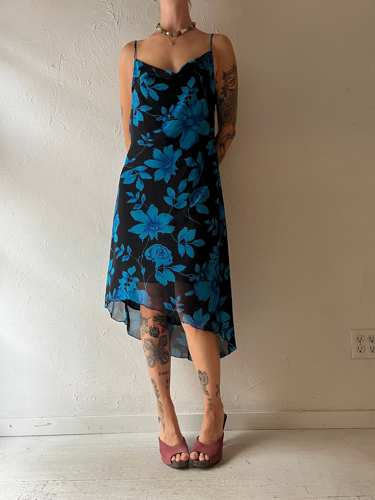 Y2k 'Fairweather' Blue Floral Print Assymetrical Dress / Large