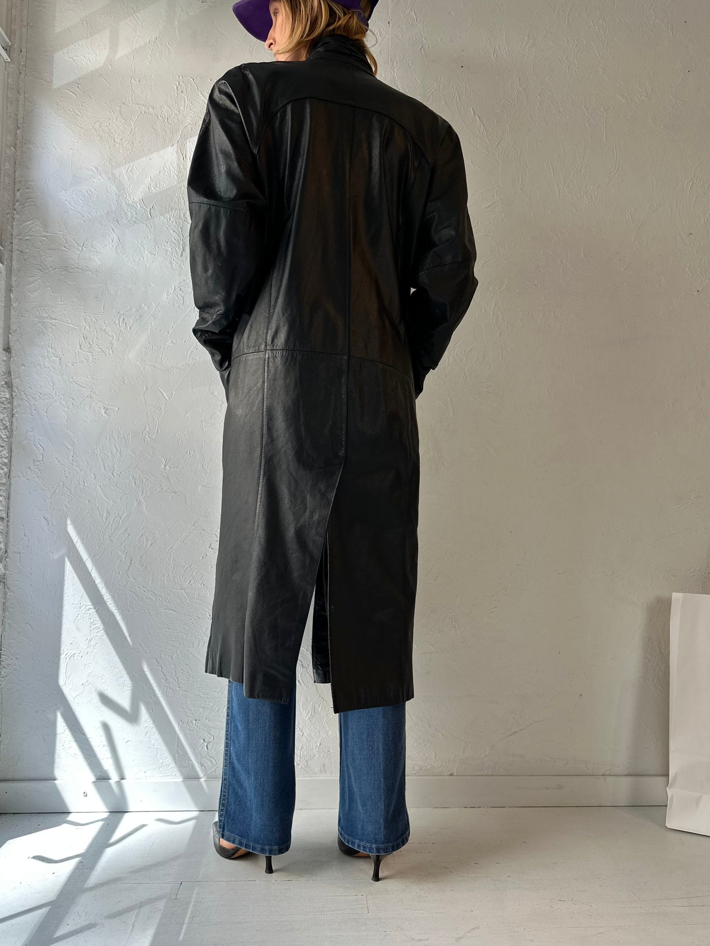90s 'Pelle' Black Leather Button Up Coat / Medium