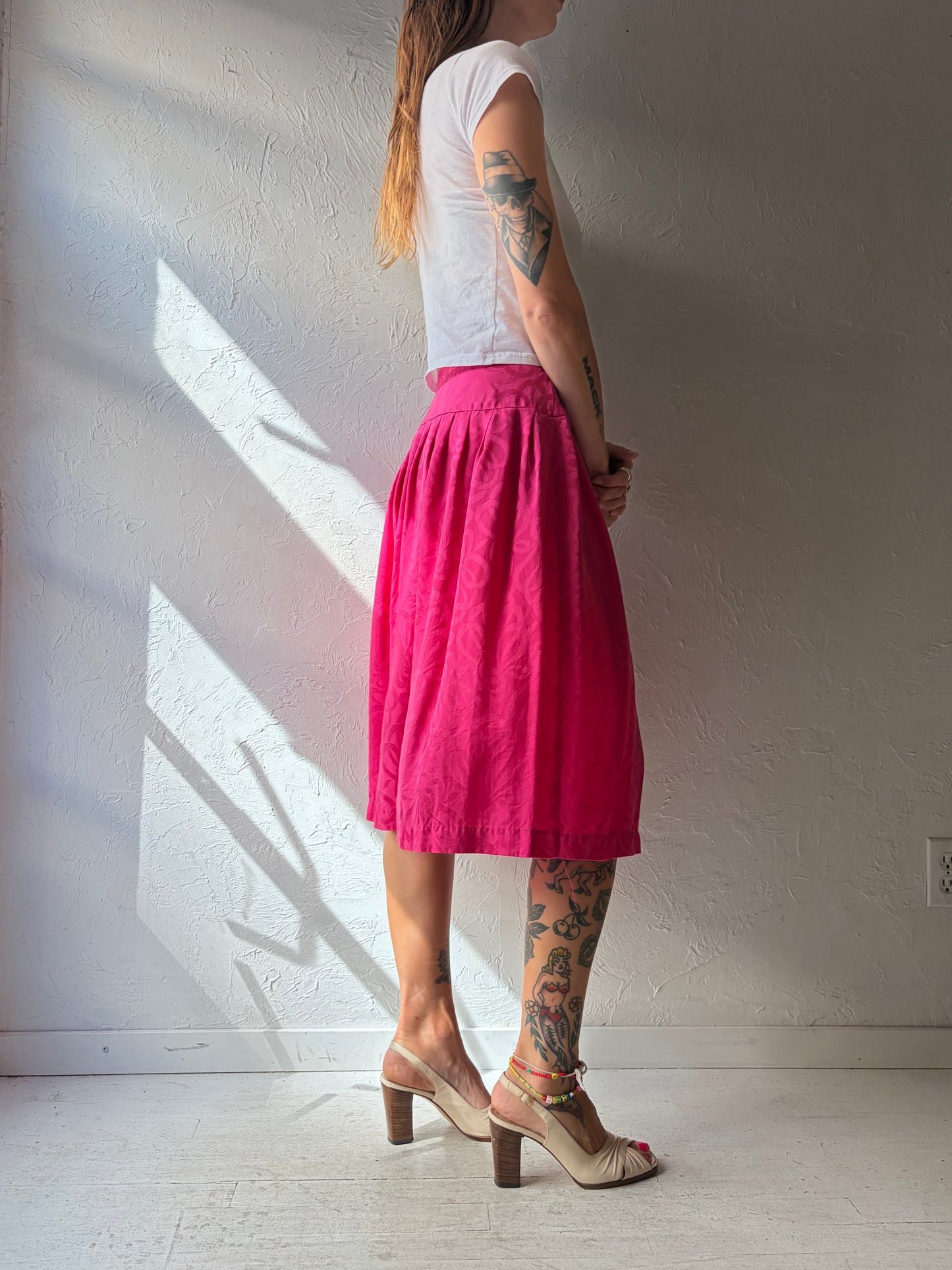 80s 'Argenti' Pink Silk Midi Skirt / Small