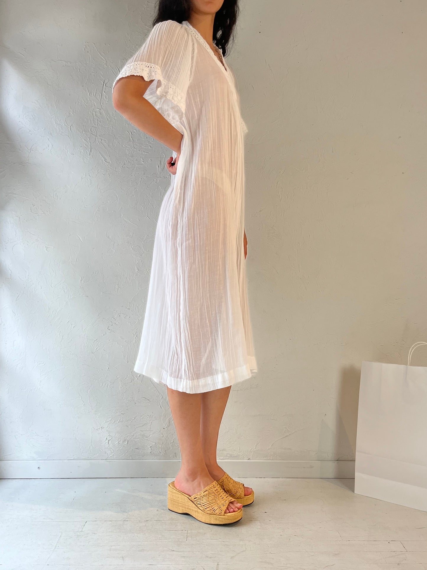 Vintage White Crochet Cotton Gauze Midi Dress / Small