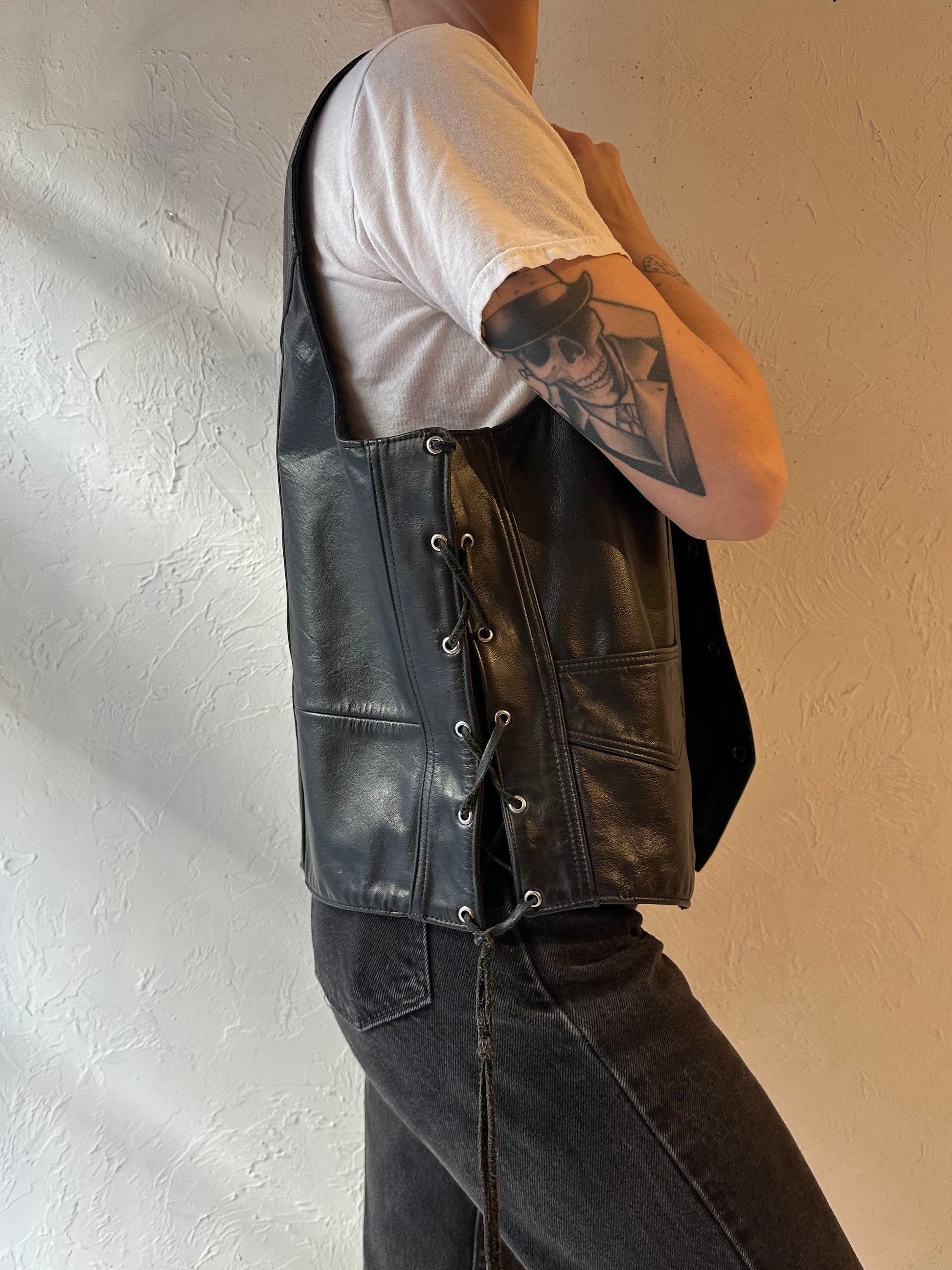 90s ‘Genuine Leather’ Black Biker Vest / Large