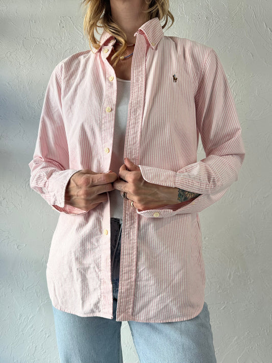 Y2k 'Ralph Lauren' Pink Striped Cotton Button Up Shirt / Medium