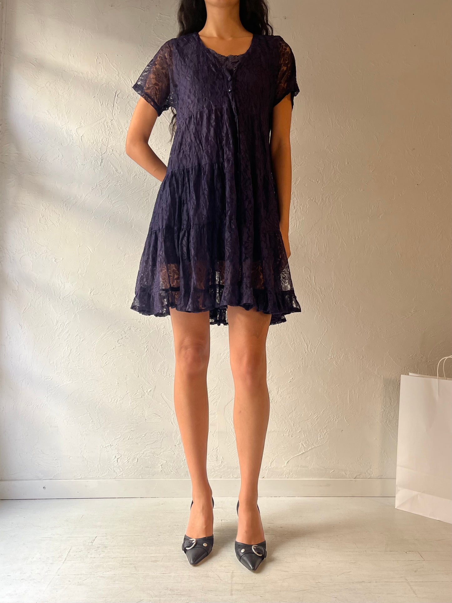 90s 'American Angel' Navy Blue Lace Mini Dress / Small