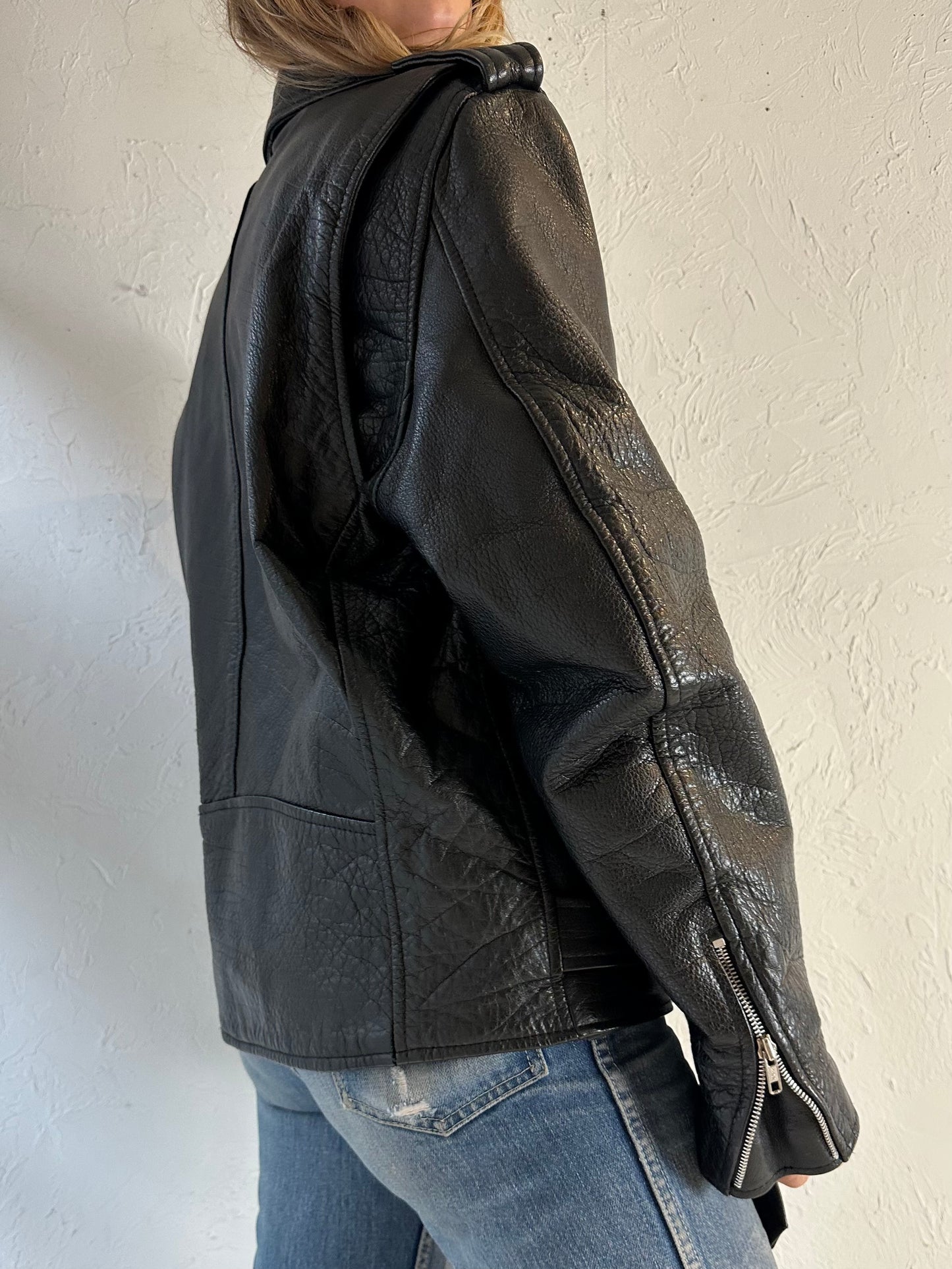 90s Black Heavy Duty Leather Moto Jacket / Large