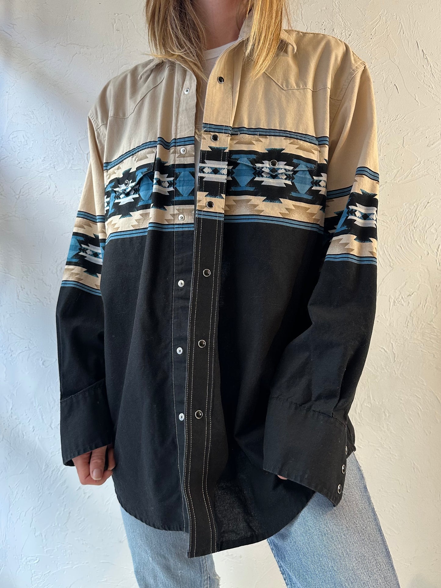 90s ‘Wrangle’ Thick Cotton Western Snap Up Shirt / Large