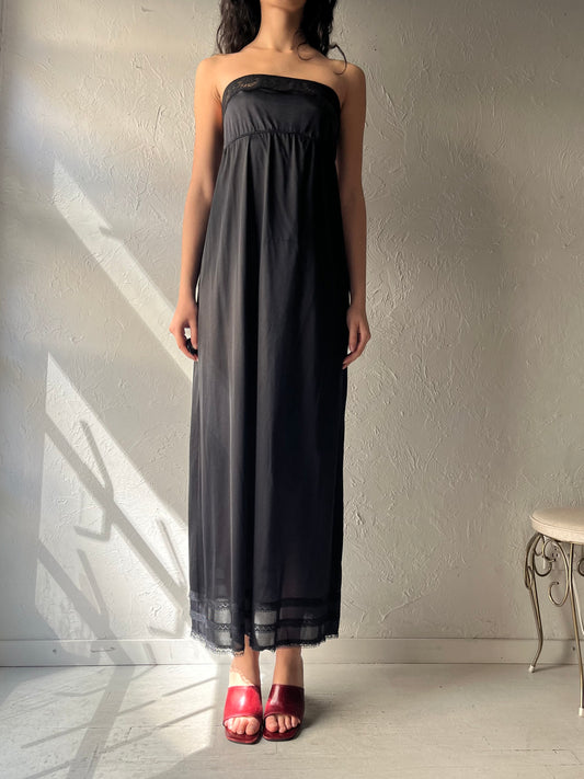 90s 'Claydel' Black Strapless Romantic Nylon Maxi Slip Dress / Small