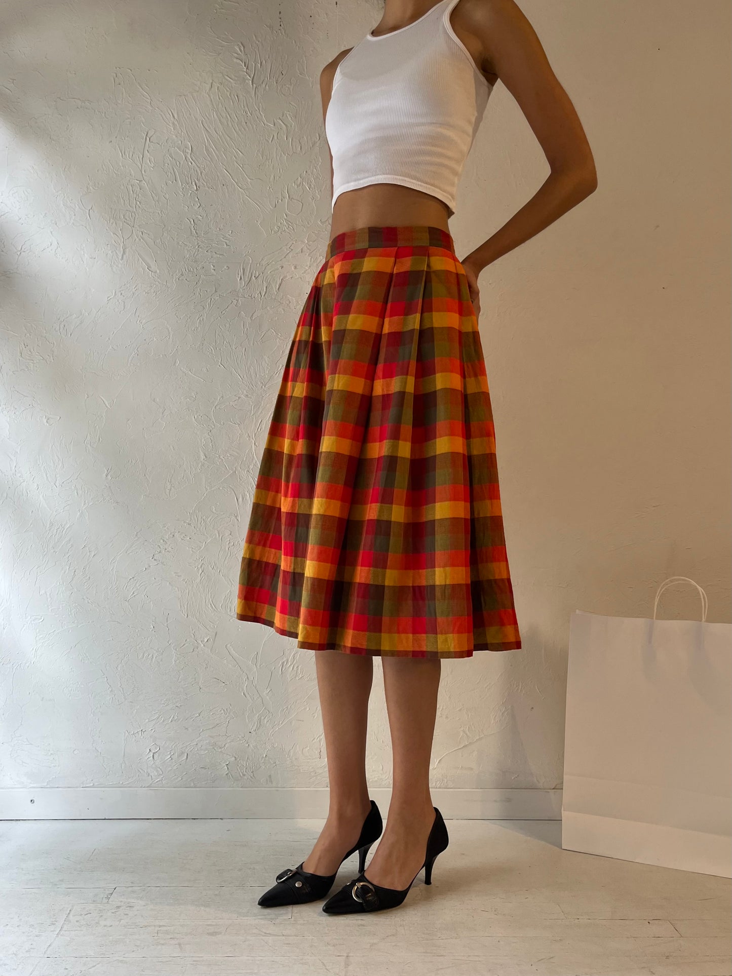 Vintage Red Plaid Midi Skirt / Small