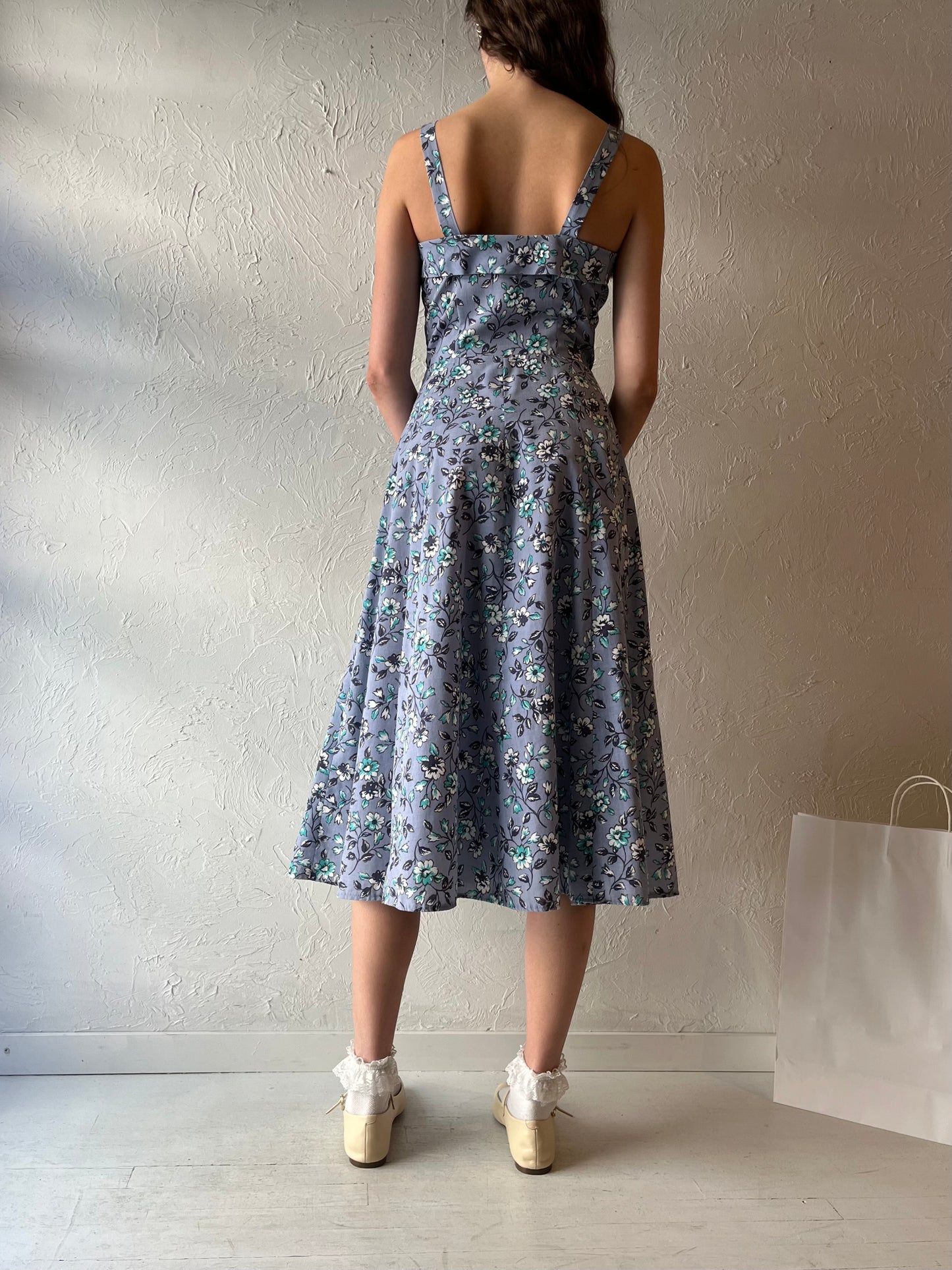 Vintage Handmade Blue Floral Print Midi Dress / Small