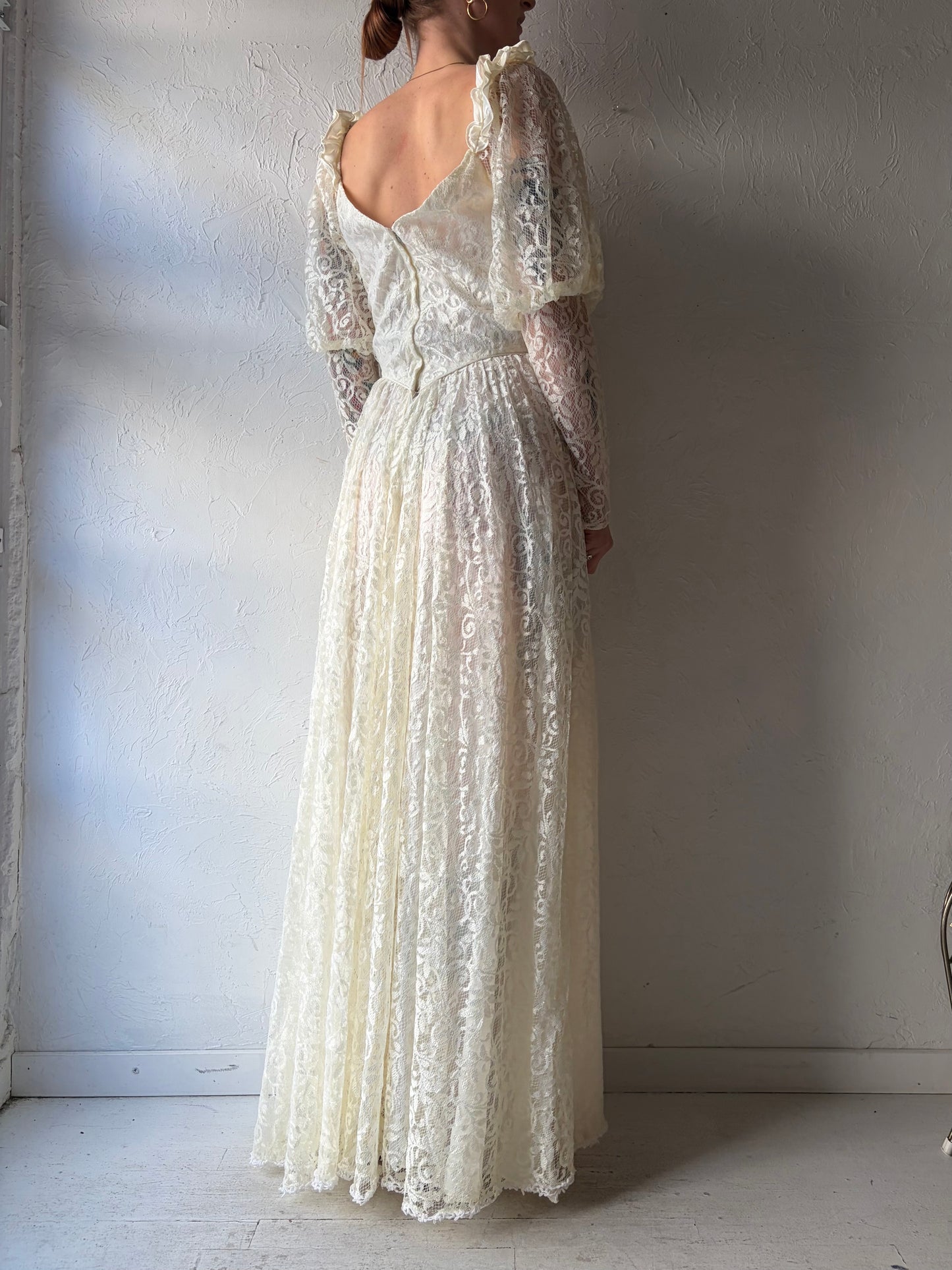 80s White Lace Long Sleeve Wedding Maxi Dress / Small
