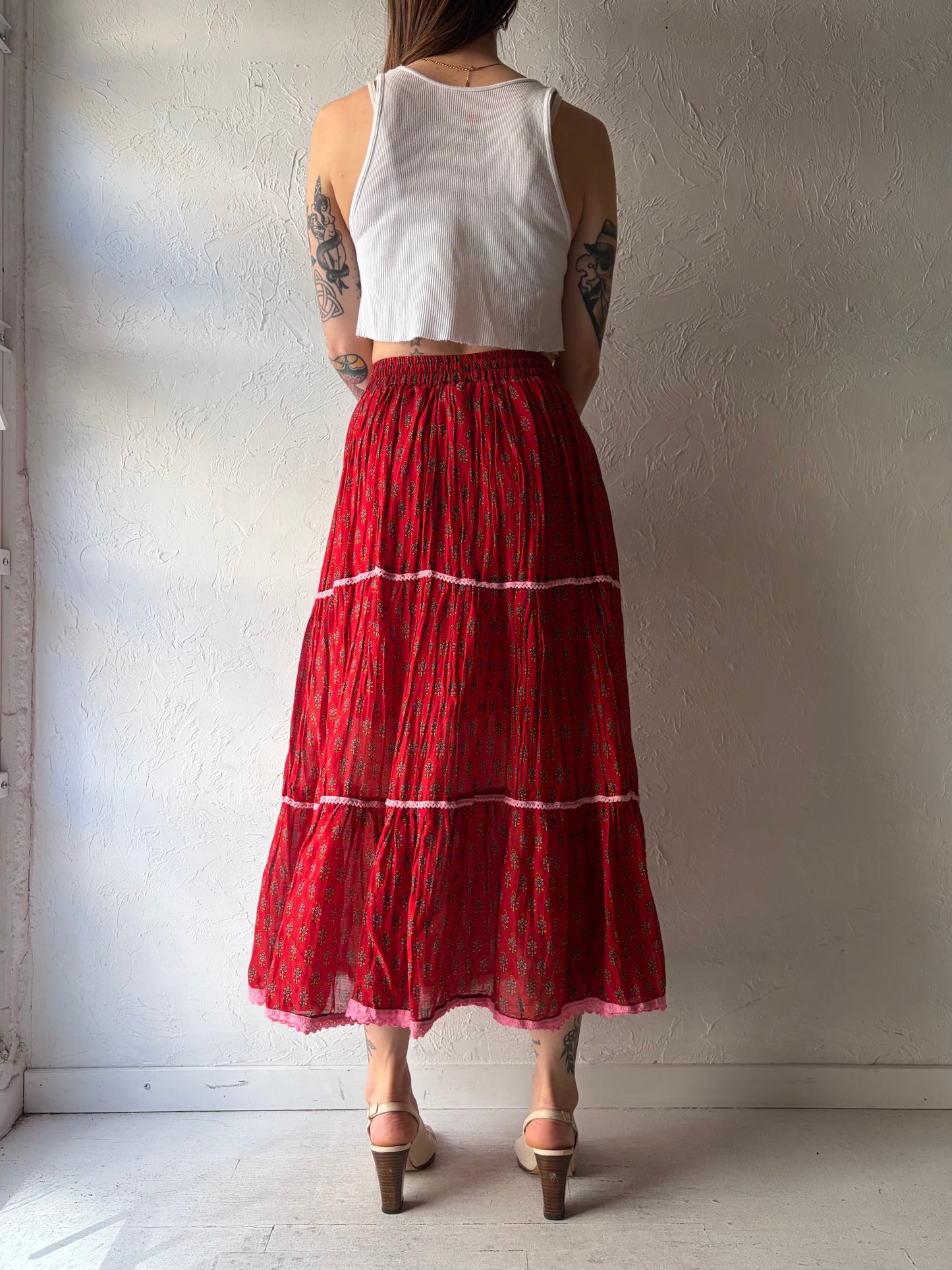 90s 'My Rose' Red Floral Western Midi Skirt / Small
