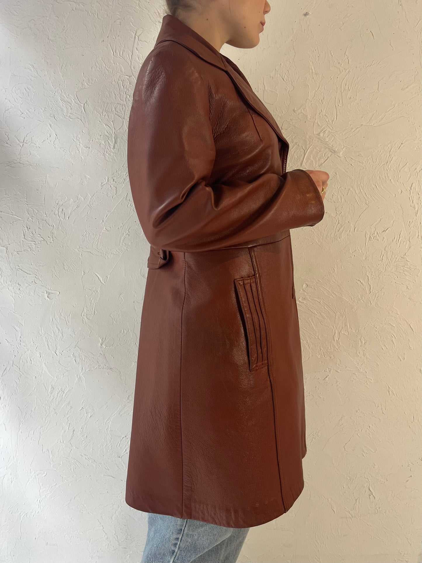 90s 'Trojan' Burgundy Leather Half Trench Jacket / Medium