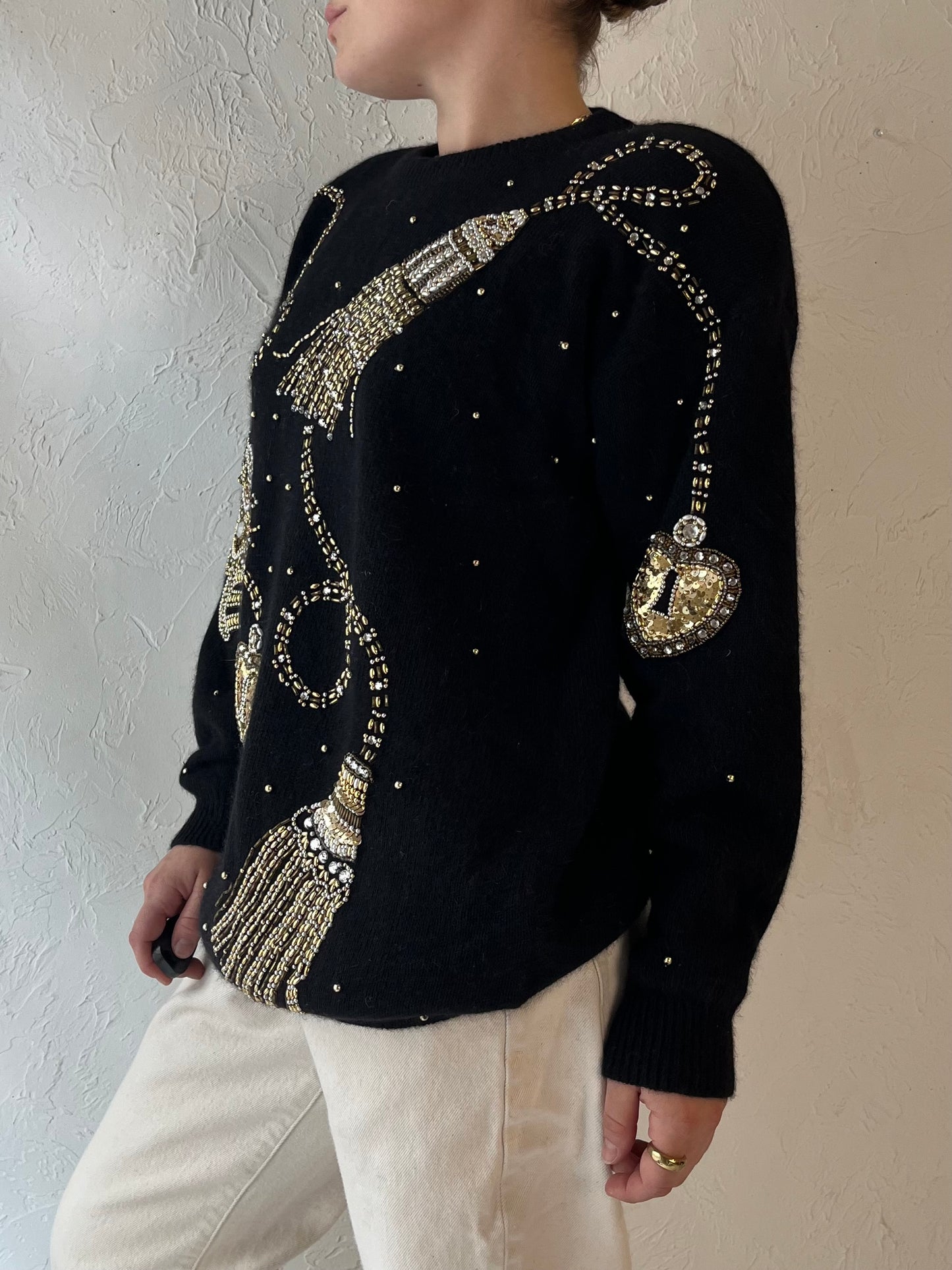 90s 'Bianca' Black Beaded Sweater / Medium