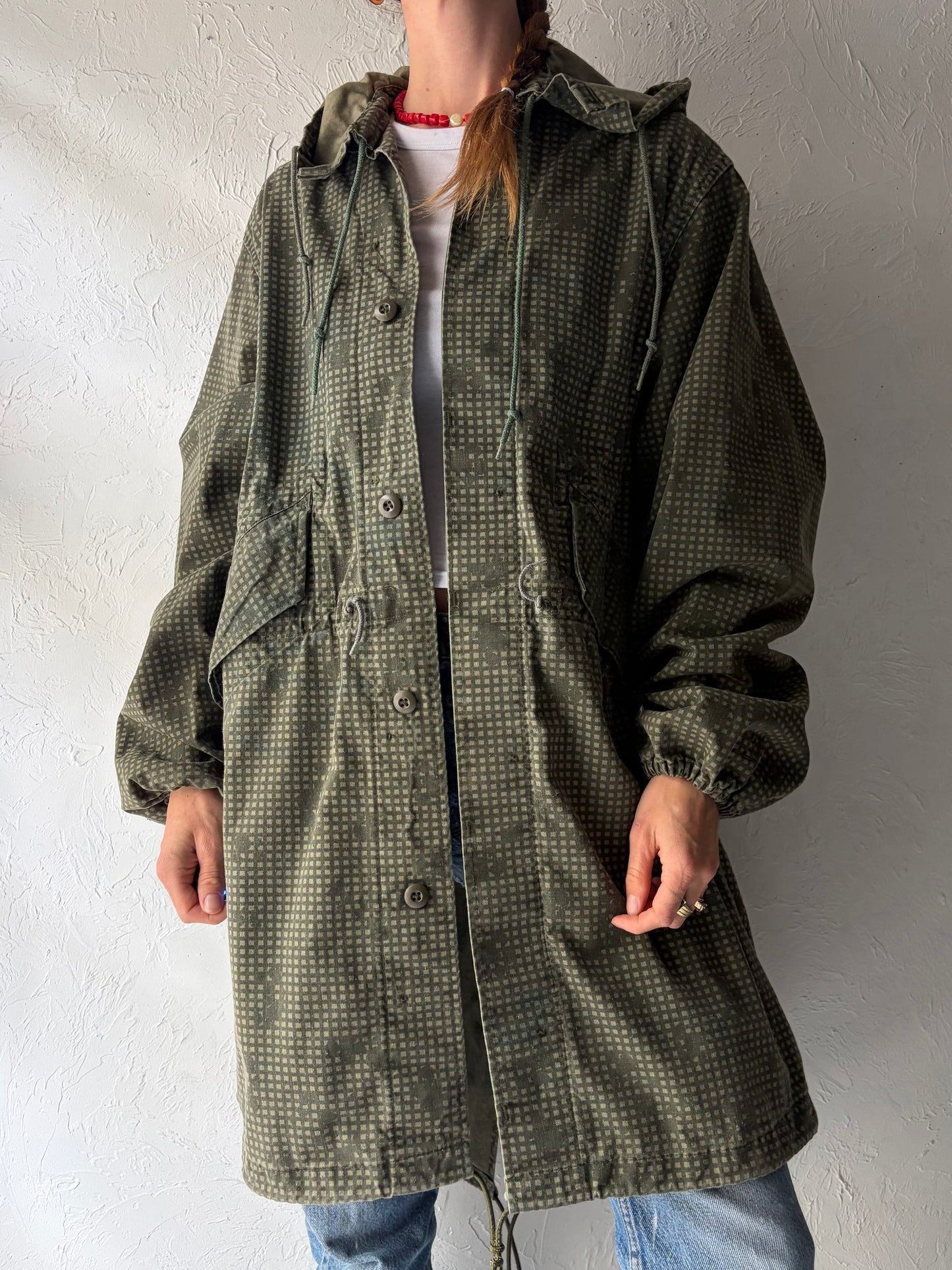 90s Authentic Green Army Hooded Camouflaged Streetwear Fishtail Parka Coat / Vintage 1990s Grunge Military Field Jacket / Medium