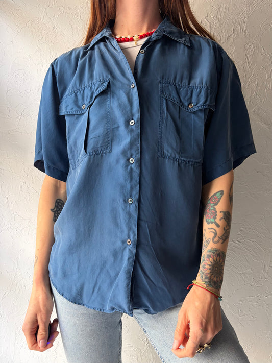 90s 'Jessie' Blue Short Sleeve Silk Shirt / Small