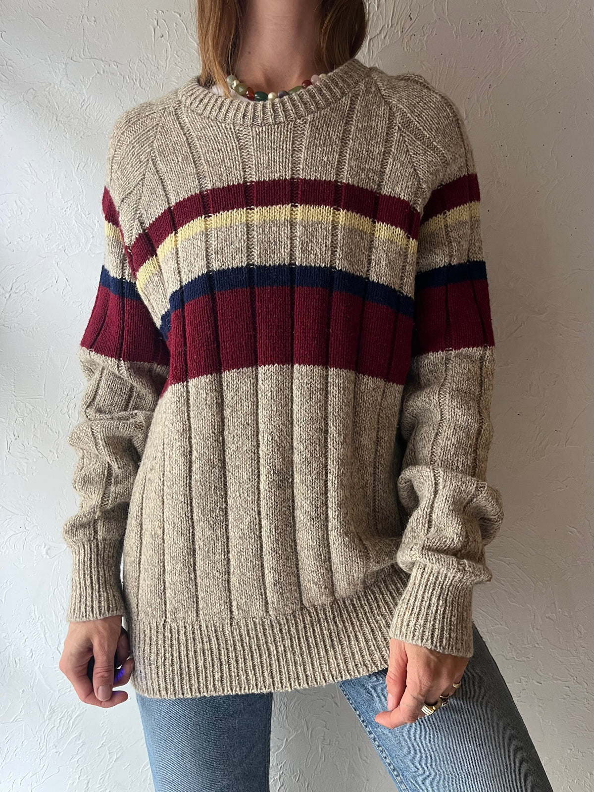 90s 'Grafton Club' Striped Wool Sweater / Medium
