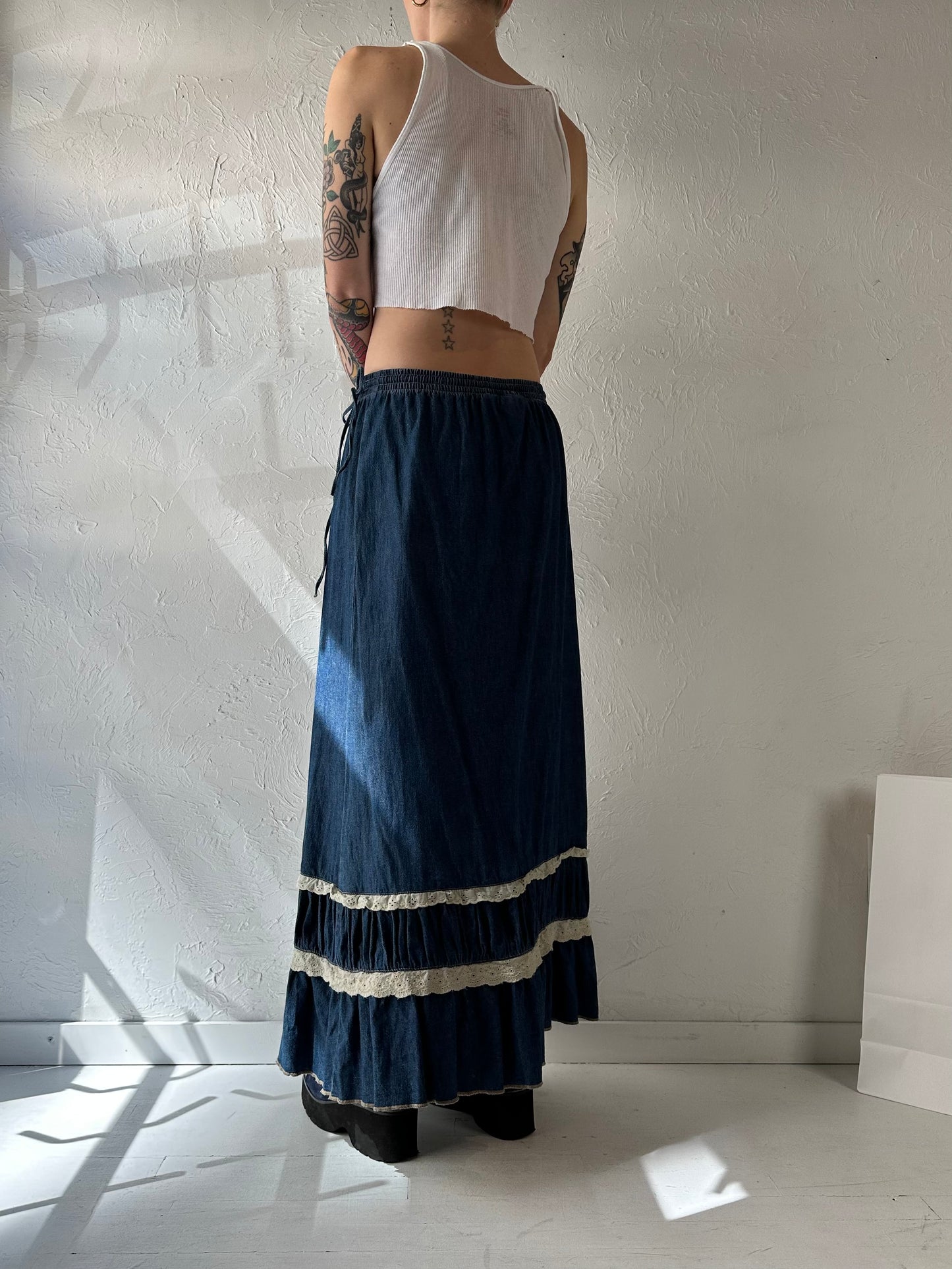 Y2k 'French Uff' Denim Maxi Skirt / Medium
